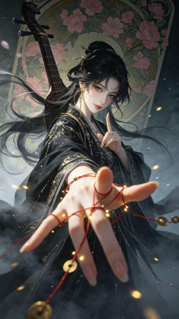 古风神女插画 邪魅慈悲穆夏风格 红线古琴氛围感立绘