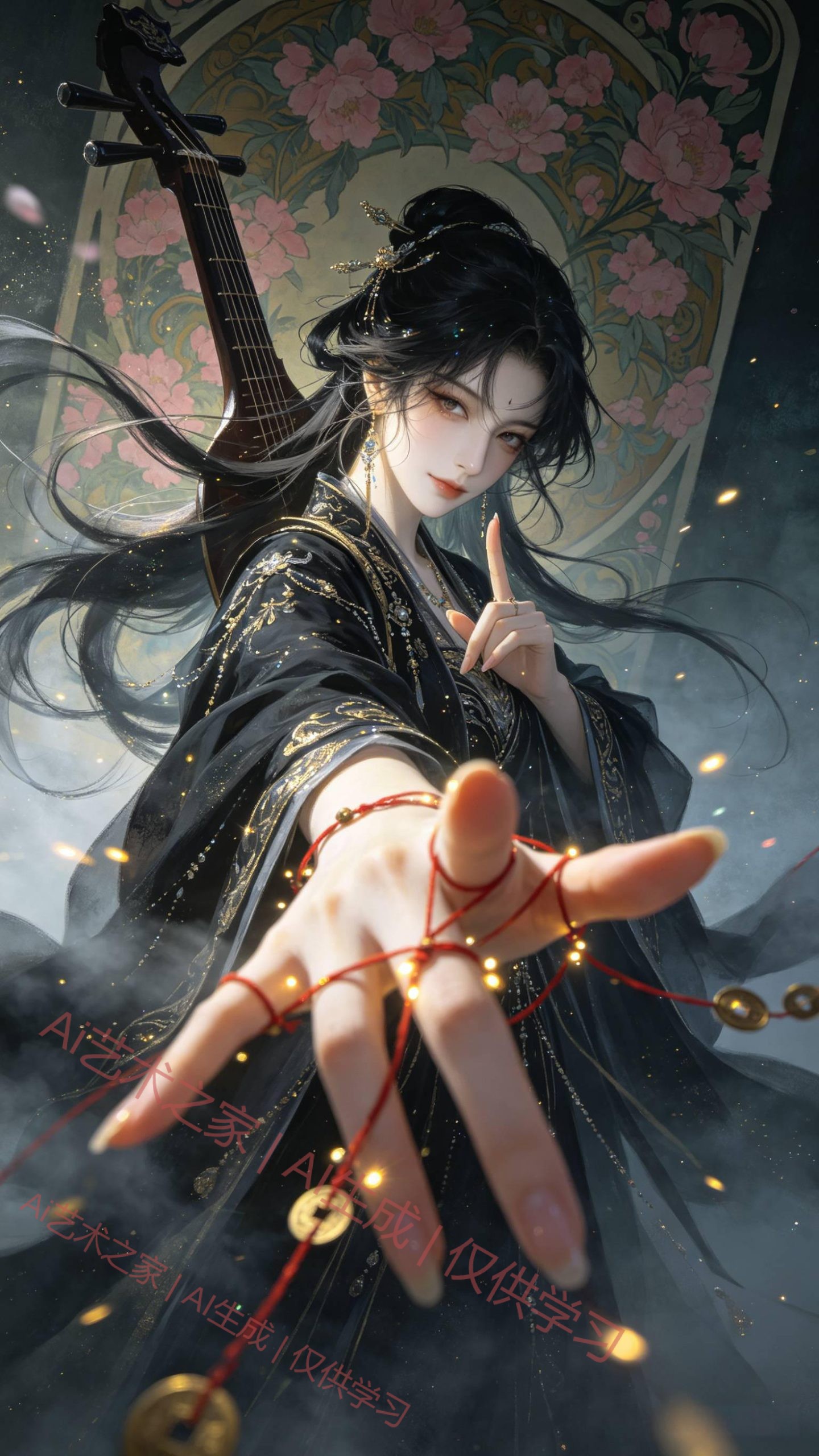 古风神女插画 邪魅慈悲穆夏风格 红线古琴氛围感立绘