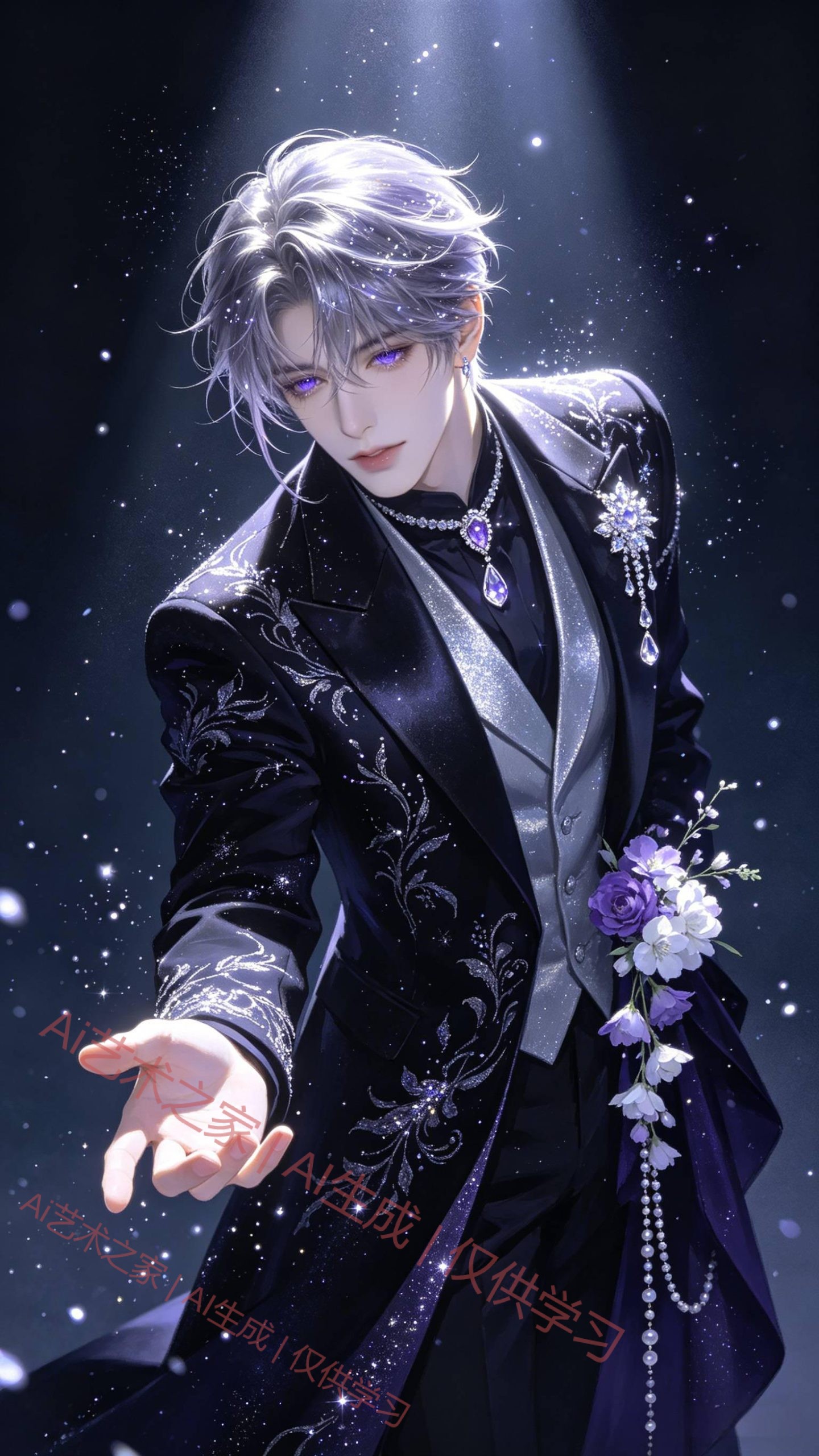 冷调聚光少年插画 紫水晶眼瞳 华丽礼服氛围感立绘