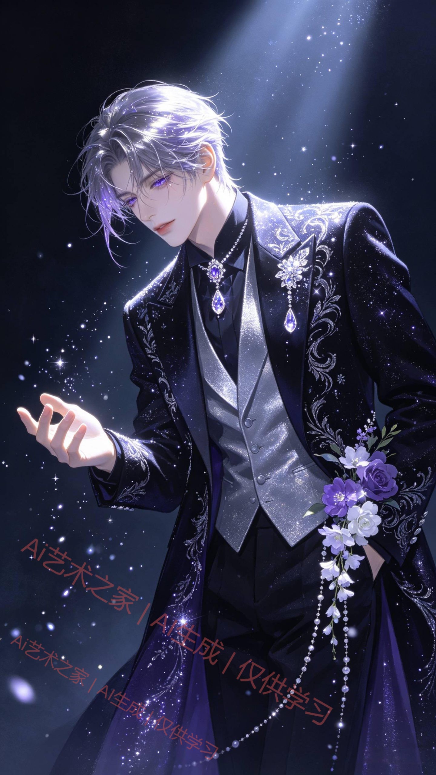 冷调聚光少年插画 紫水晶眼瞳 华丽礼服氛围感立绘