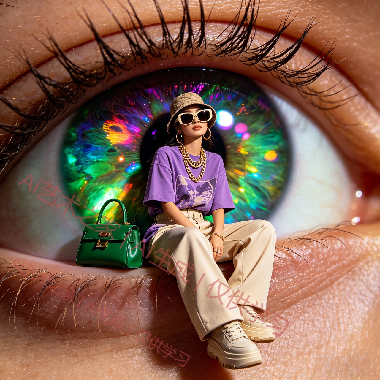 超现实人眼微距摄影_虹膜上坐着时尚小人AI绘画提示词