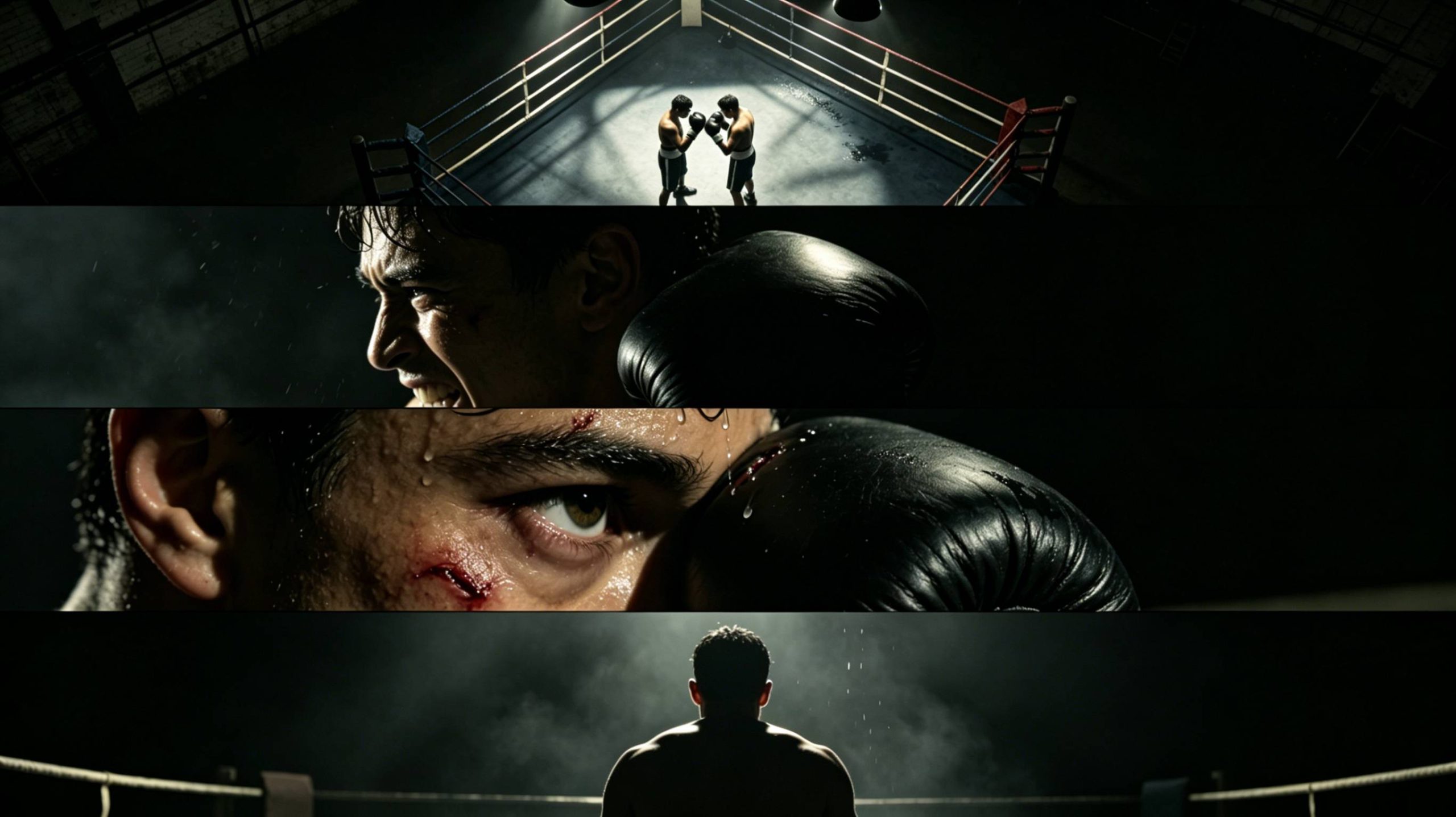 暗黑电影风格拳击手比赛分镜图提示词_分镜构图生成
