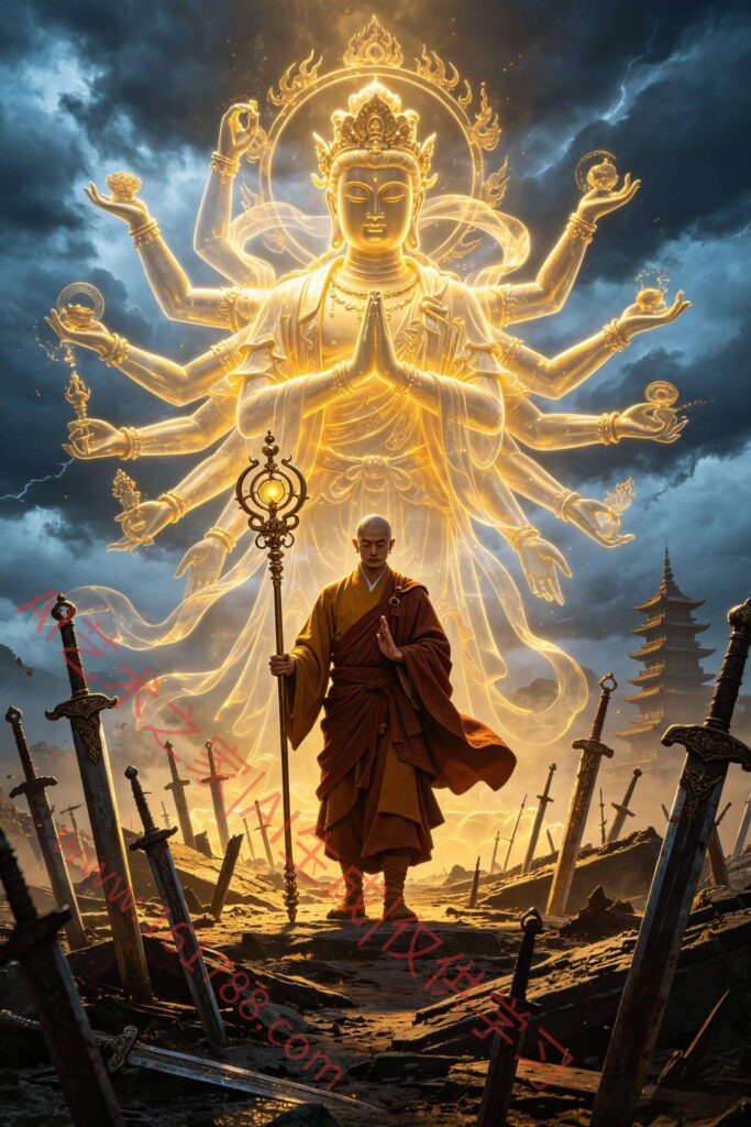 3D渲染武僧神像海报