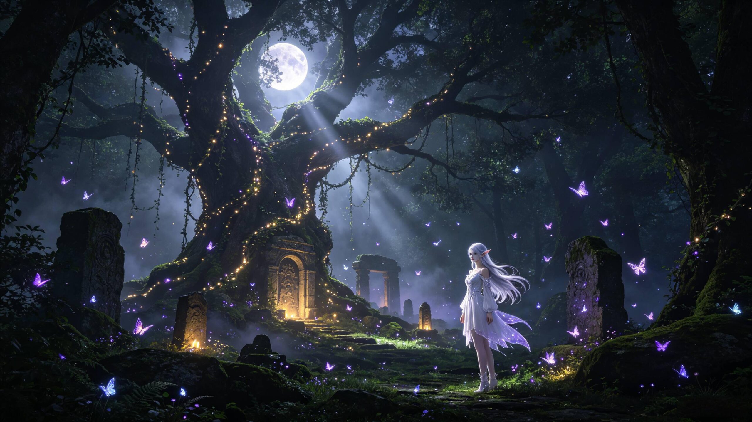 暗黑魔幻森林 精灵少女 古树秘境场景设计 暗黑魔幻精灵世界 古树发光藤蔓 银发精灵少女 森林秘境 AI绘画提示词