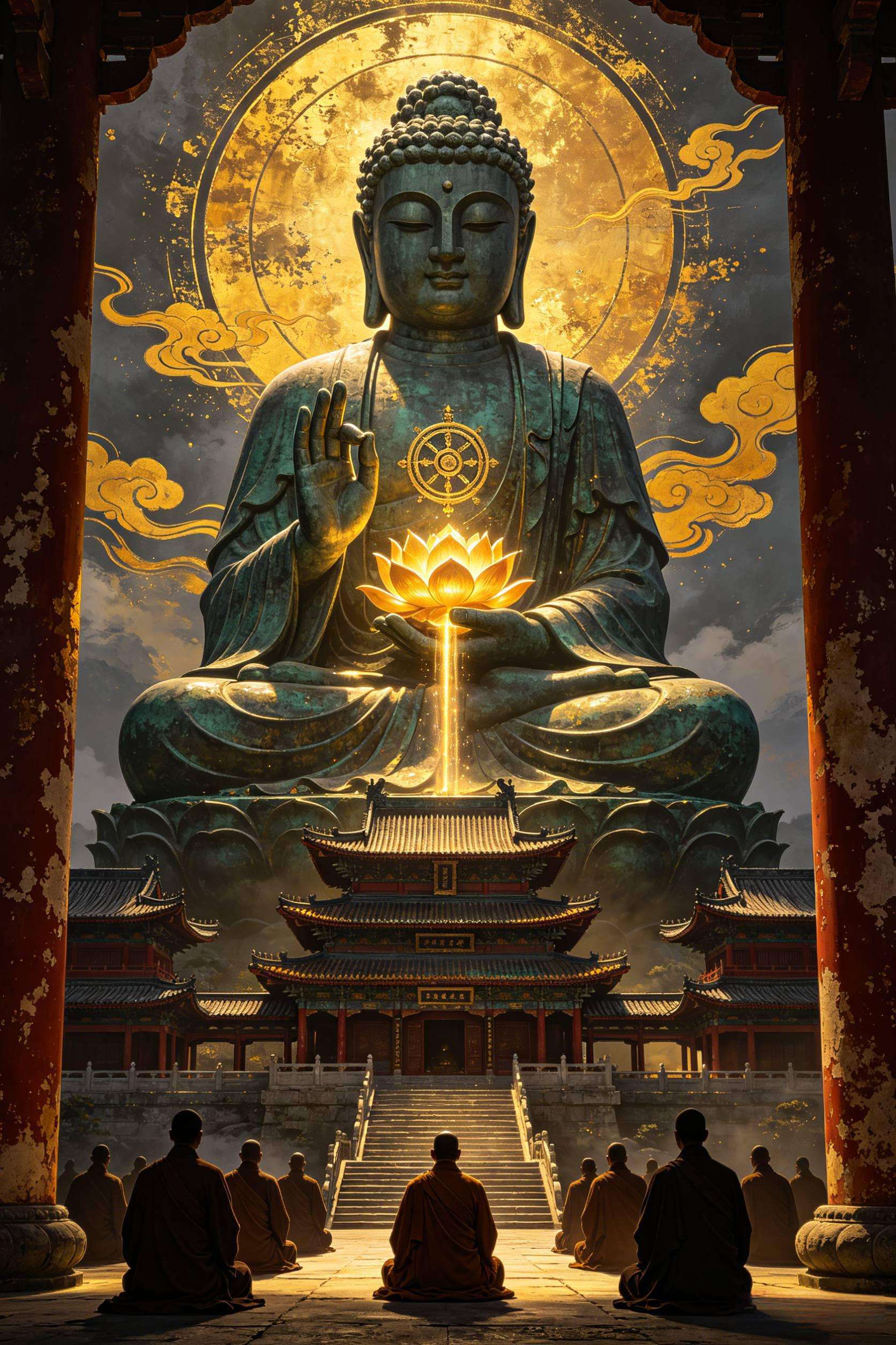 万佛朝宗 东方幻想佛国净土 青铜坐佛鎏金佛光 AI绘画提示词