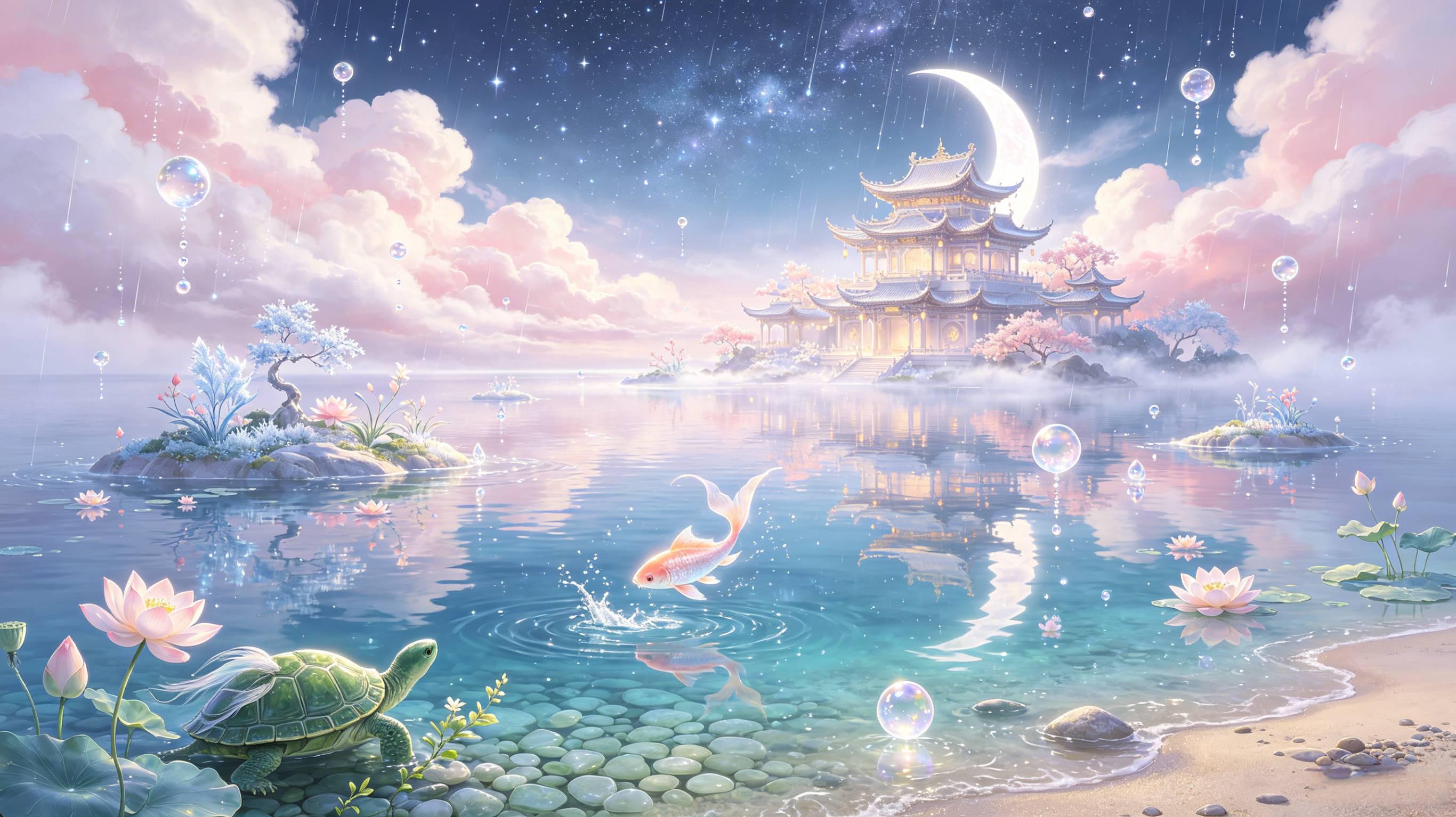 上古仙海浮空仙岛 清瑶仙宫星河倒影 唯美仙境 AI绘画提示词