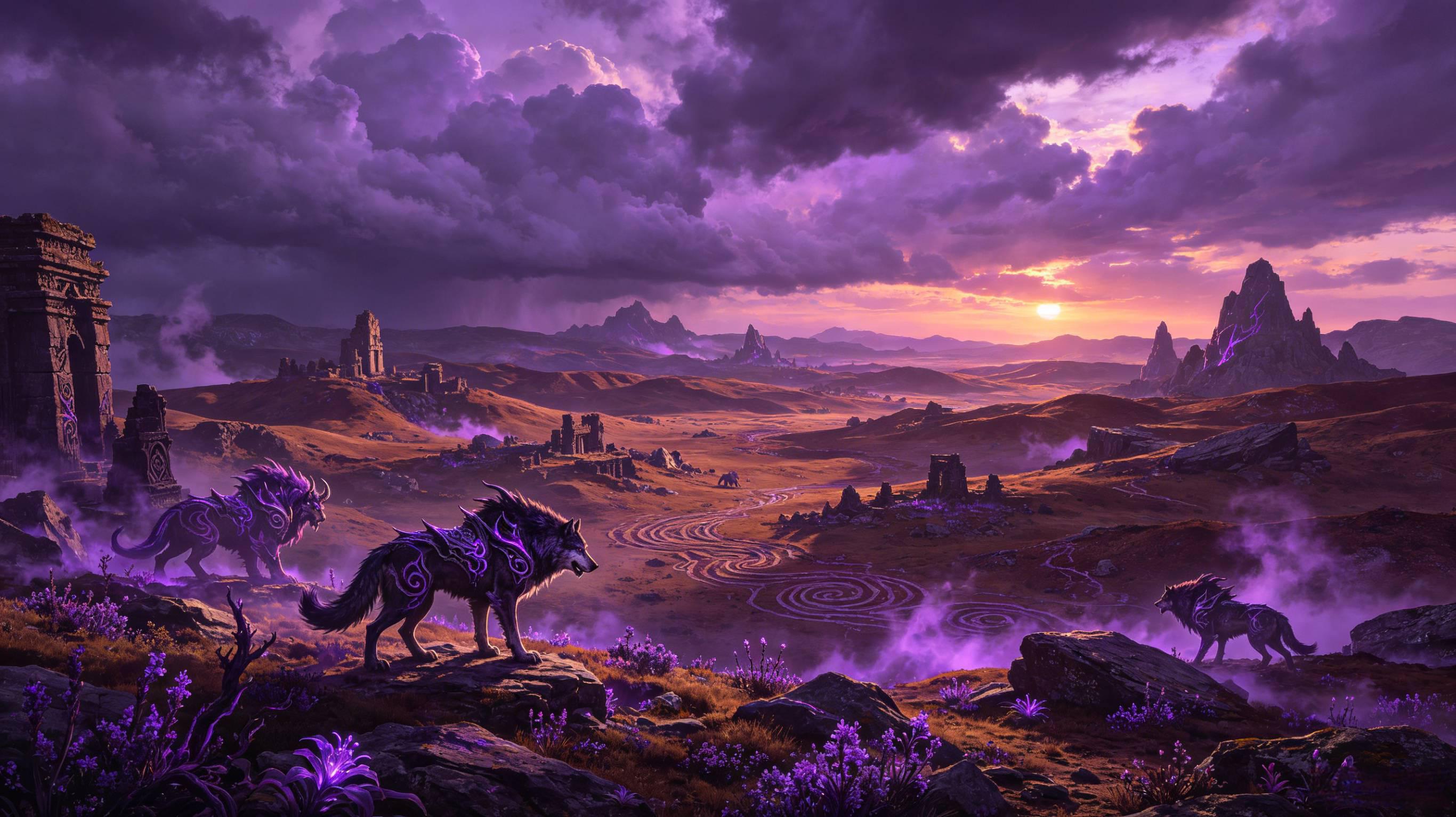 上古荒原丘陵 紫纹荒兽苍风玄狼 蛮荒玄幻场景 AI绘画提示词
