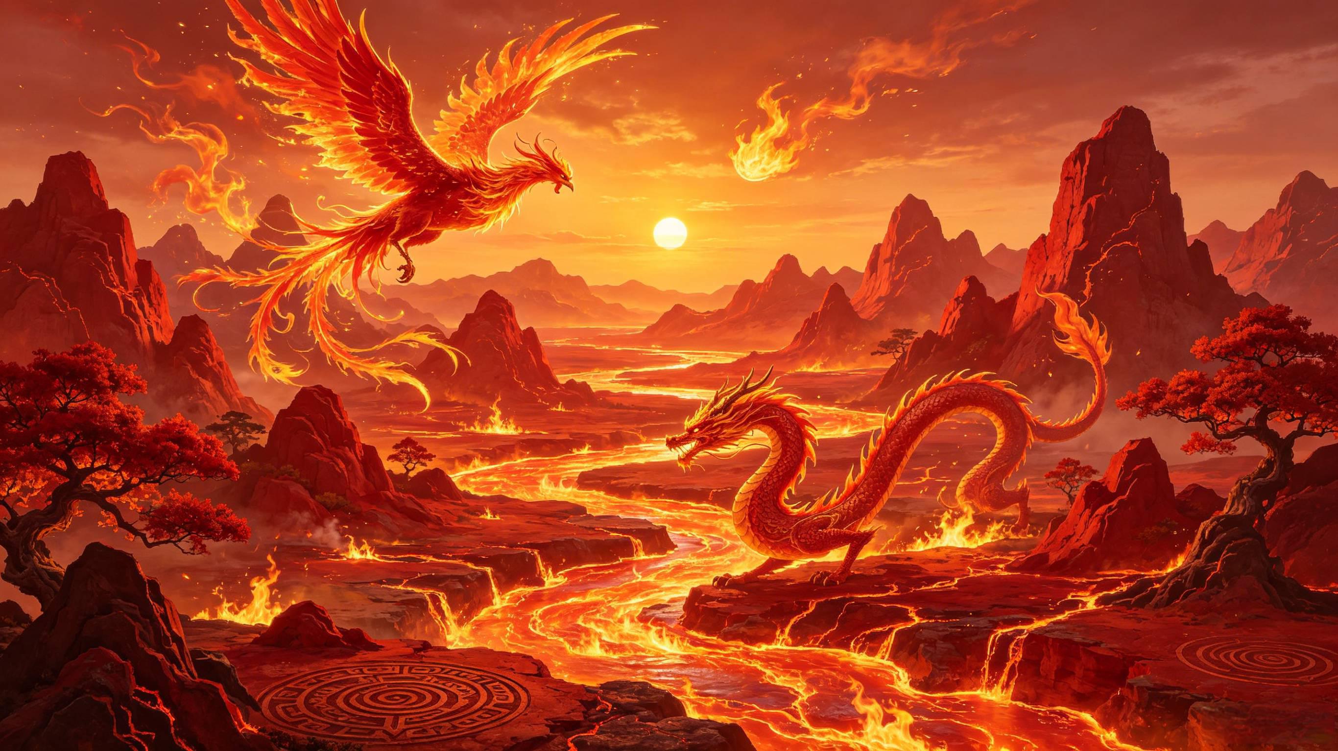 丹霞火峰玄幻仙境 熔岩灵河火凰赤龙 赤金霞光场景 AI绘画提示词