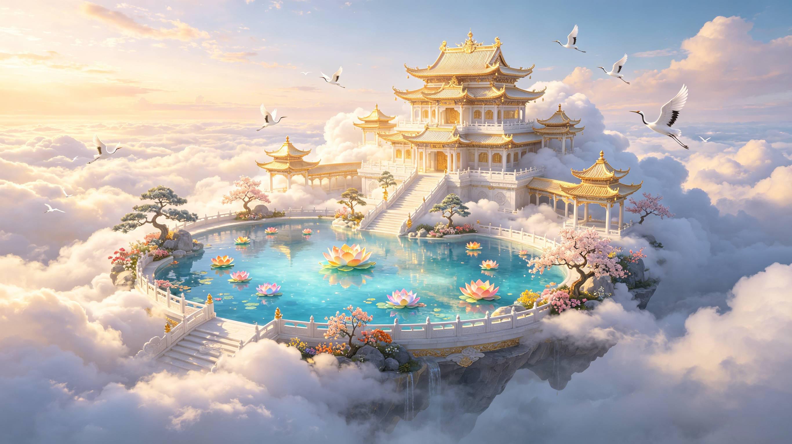 九天瑶池白玉仙宫 天界圣洁仙侠圣境 AI绘画提示词