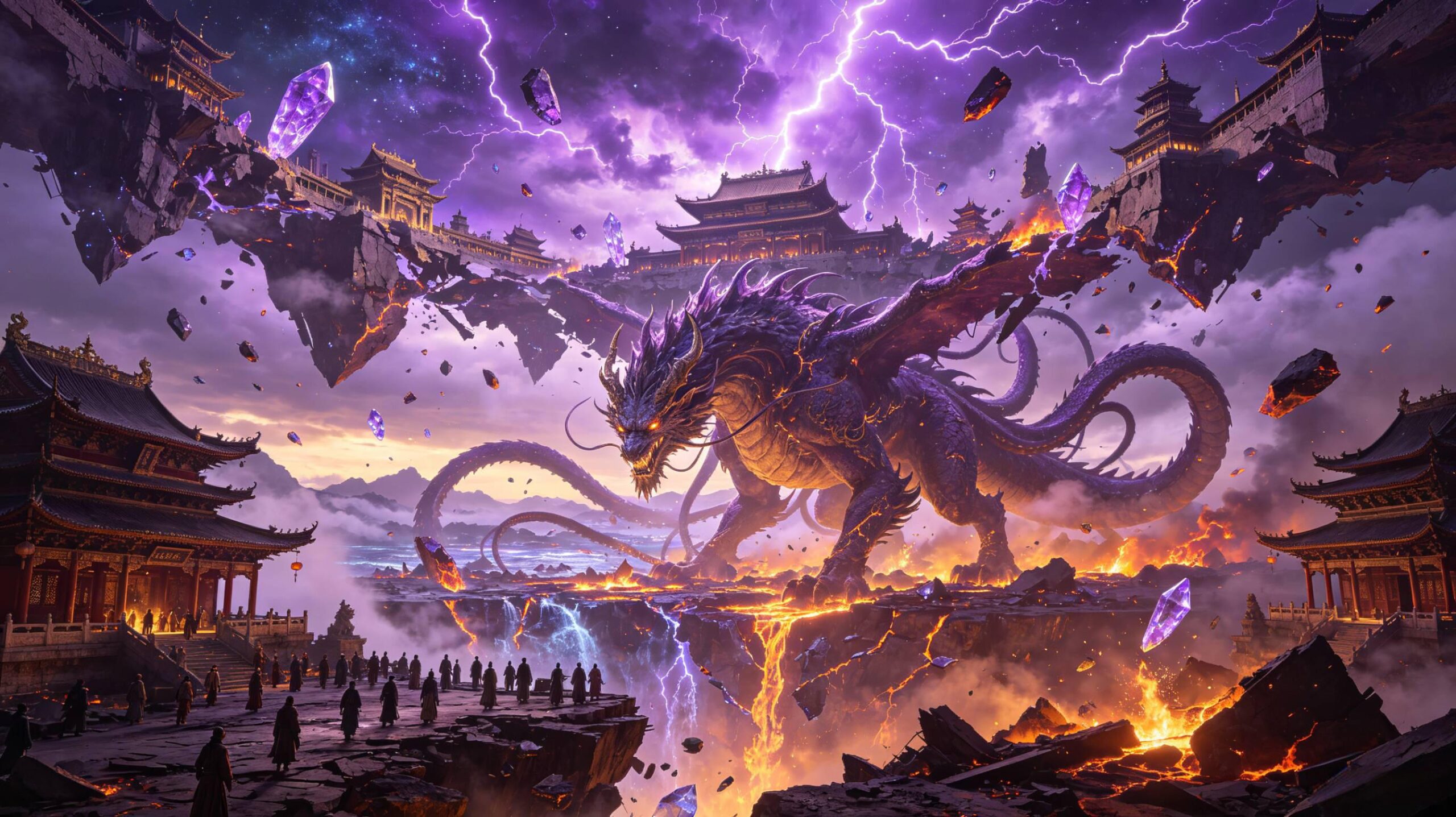 双层碎裂天界|巨兽支撑时空裂痕 双层碎裂天界 时空裂痕巨型巨兽 中式科幻玄幻场景 AI绘画提示词