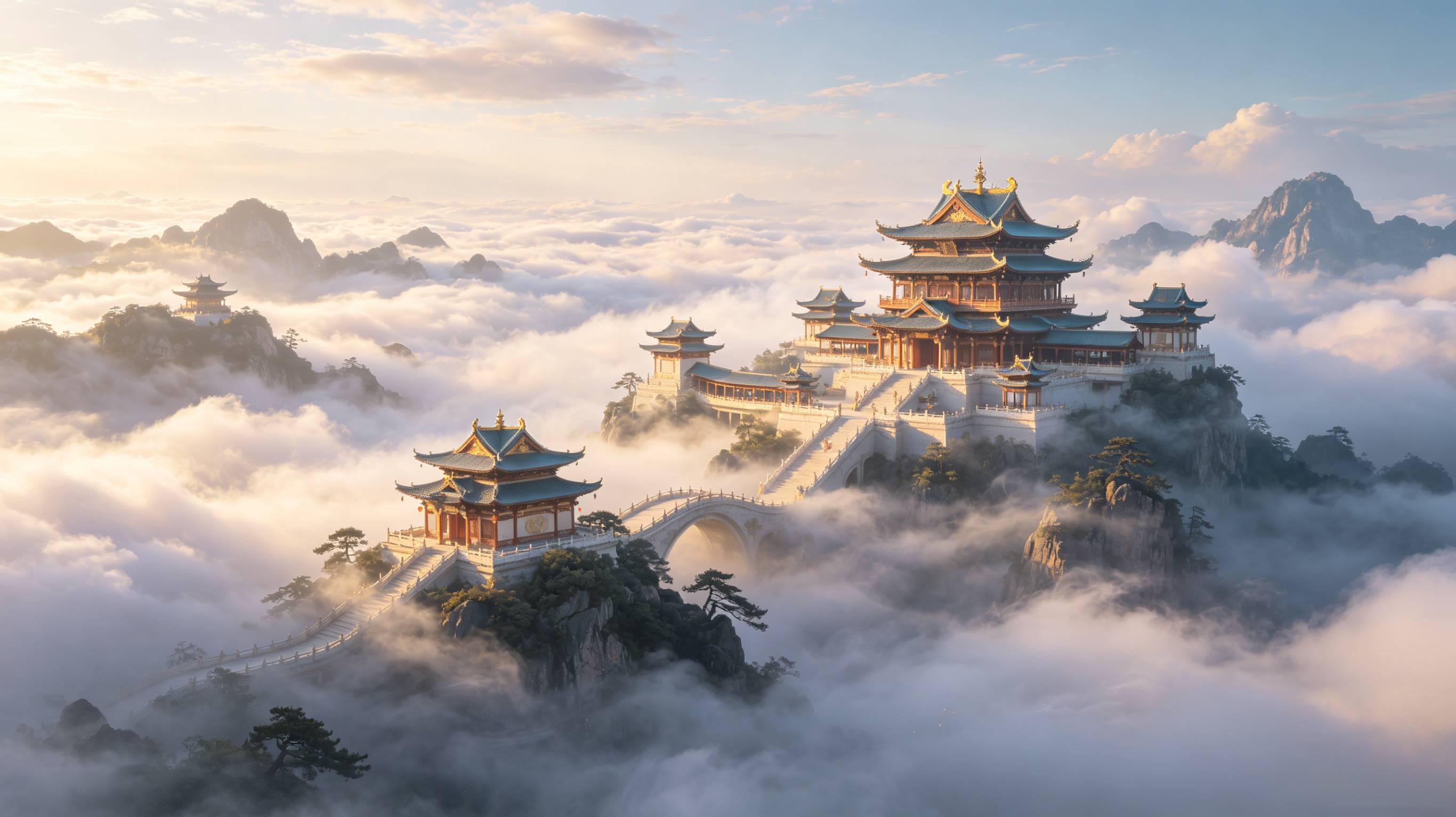 古风仙侠电影镜头场景｜仙境云海仙山楼阁 AI绘画提示词