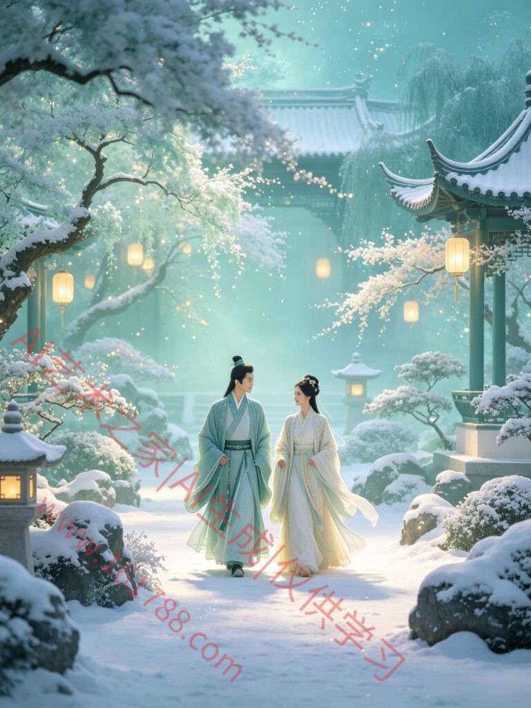 细腻笔触国风插画 落雪古建庭院汉服婚礼唯美瞬间
