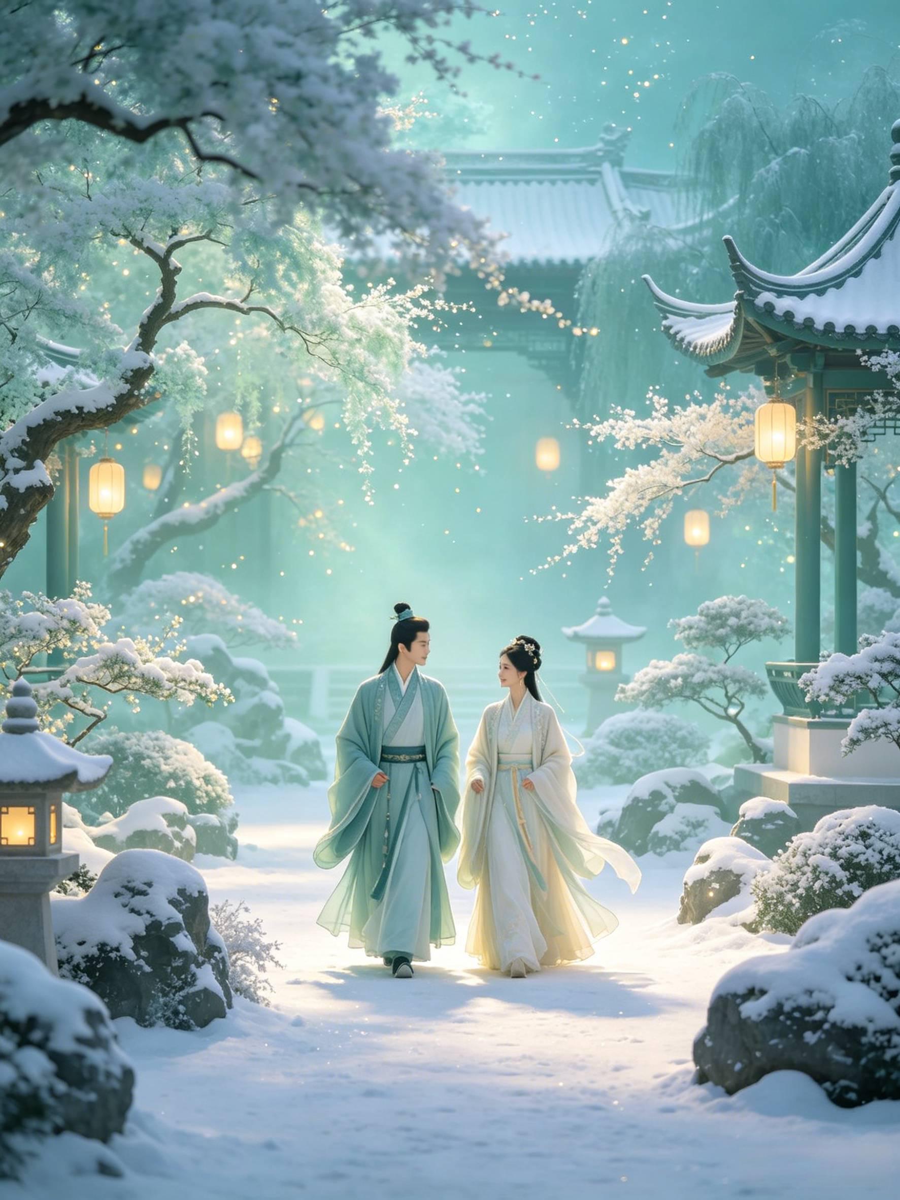 古风汉服婚礼 新人行走落雪古代庭院 空灵唯美国风插画 AI绘画提示词