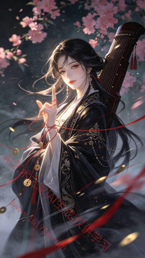 古风神女插画 邪魅慈悲穆夏风格 红线古琴氛围感立绘