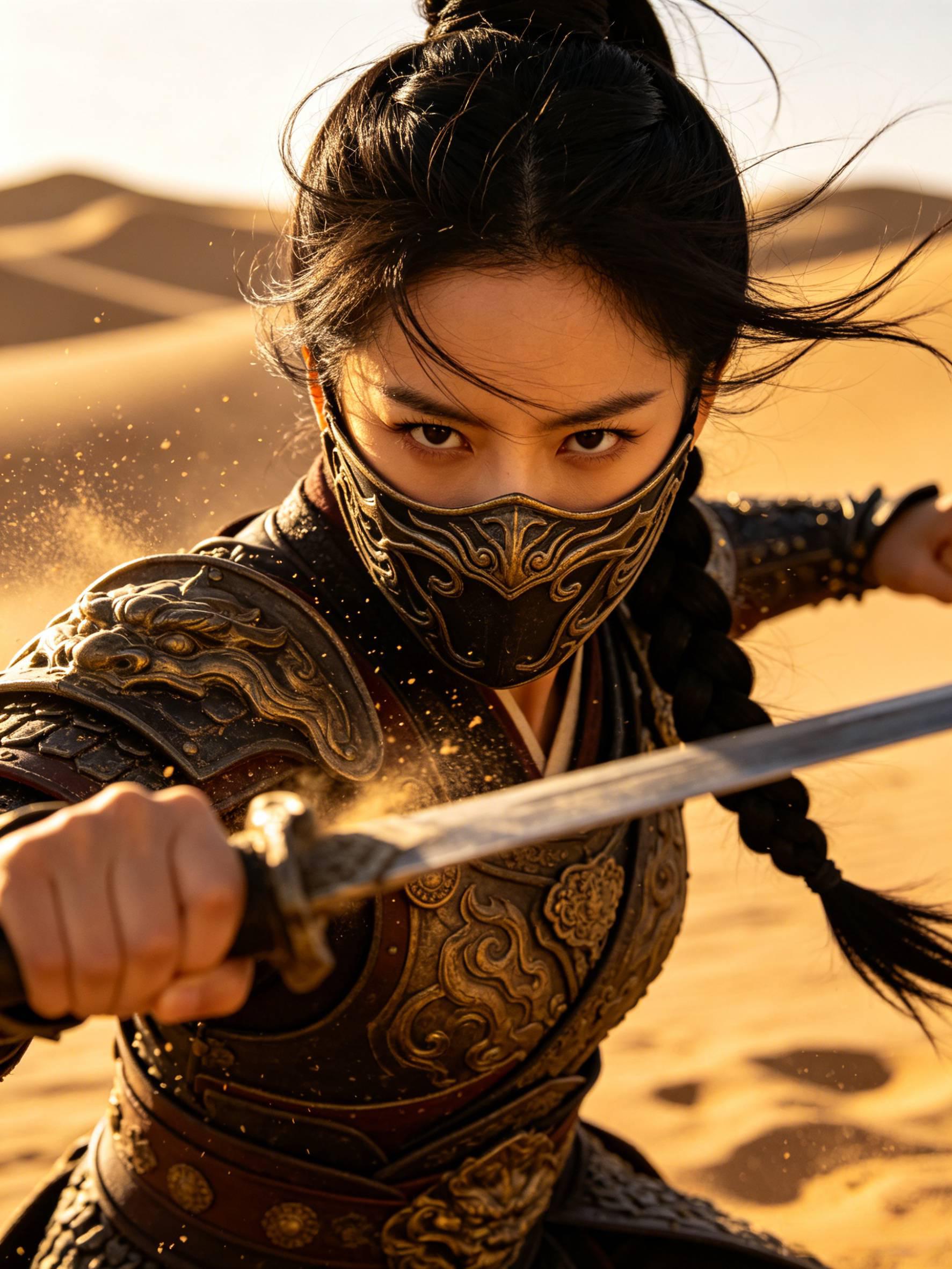 古风蒙面女战士脸部特写 沙漠战斗电影场景 AI绘画提示词