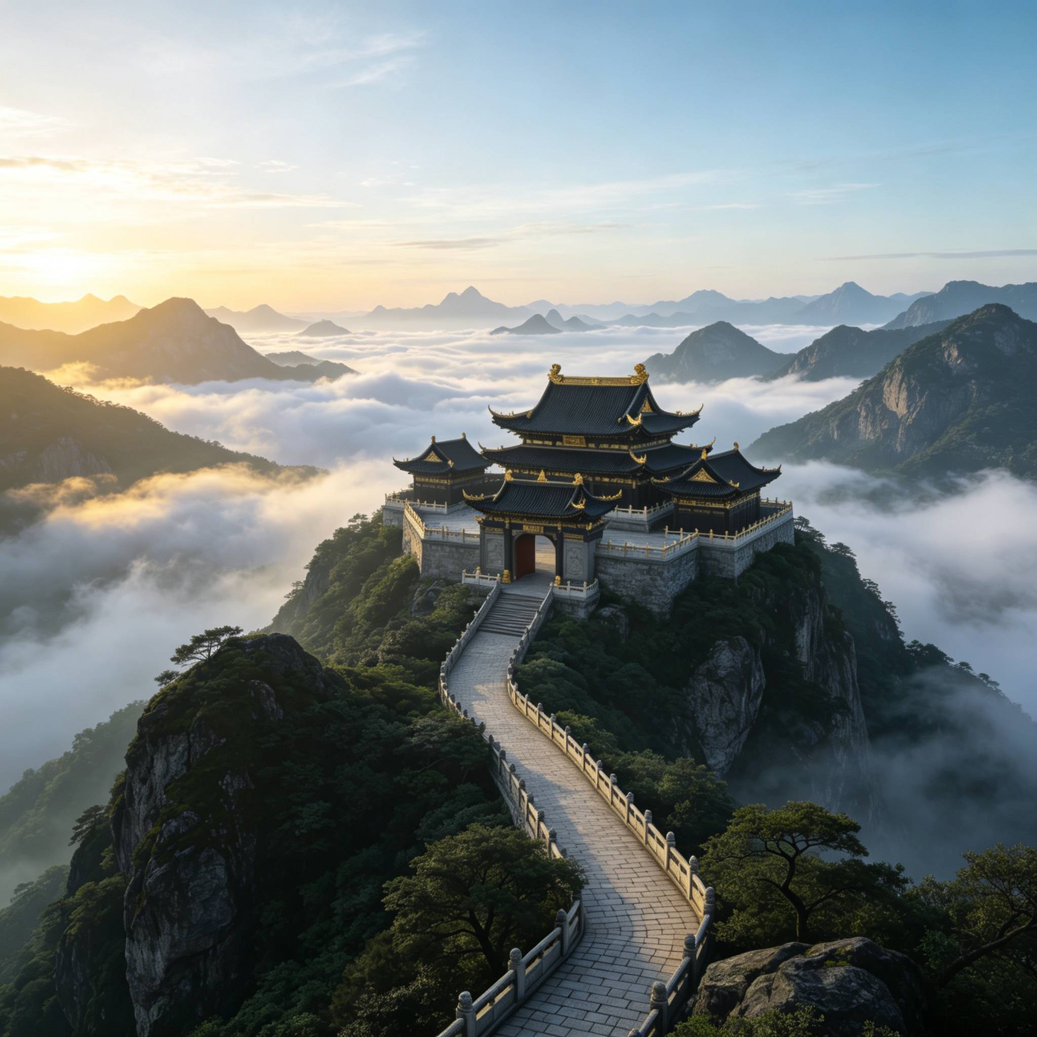 国风仙境宫殿|超写实数字绘景 8K高清 国风仙境宫殿AI绘画提示词 超写实数字绘景效果图 AI绘画提示词