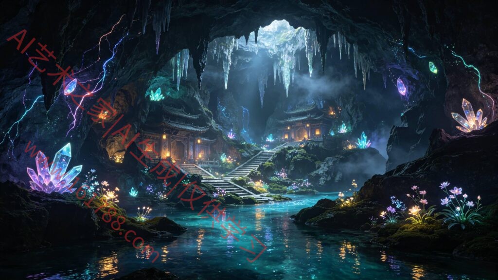 仙侠地底溶洞洞府 七彩灵脉晶石地下灵河全景景观