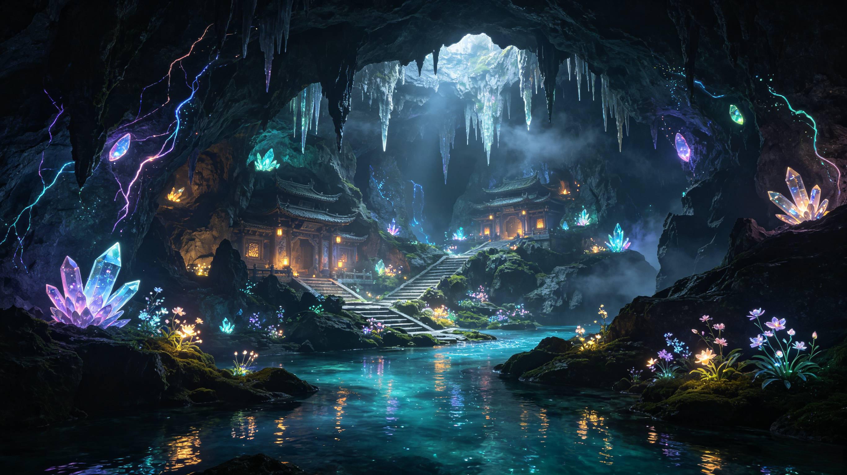 地底灵脉溶洞洞府 发光晶石仙侠秘境 AI绘画提示词