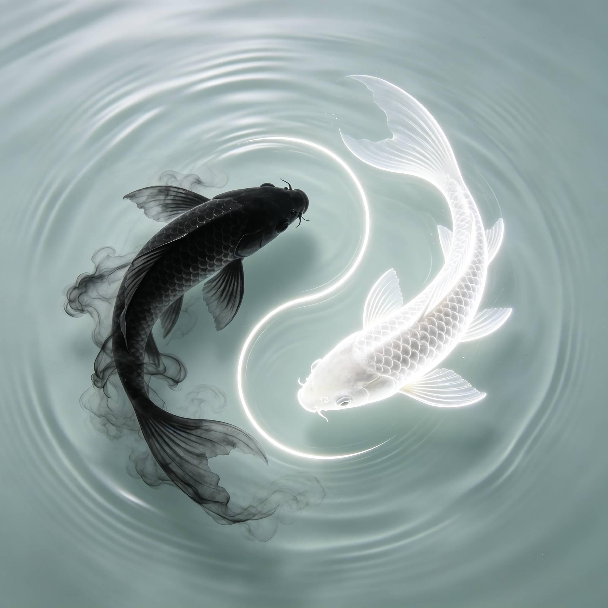 太极阴阳水墨光影锦鲤 禅意极简国风艺术 AI绘画提示词