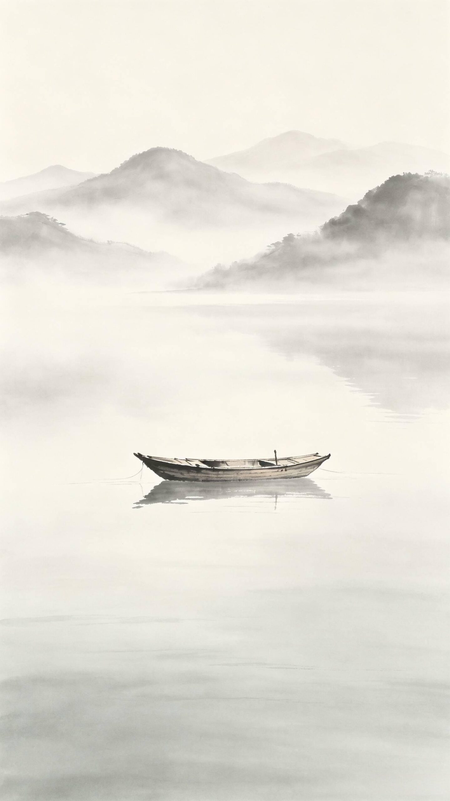 孤舟禅湖 晨雾远山 水墨国风禅意水景 AI绘画提示词