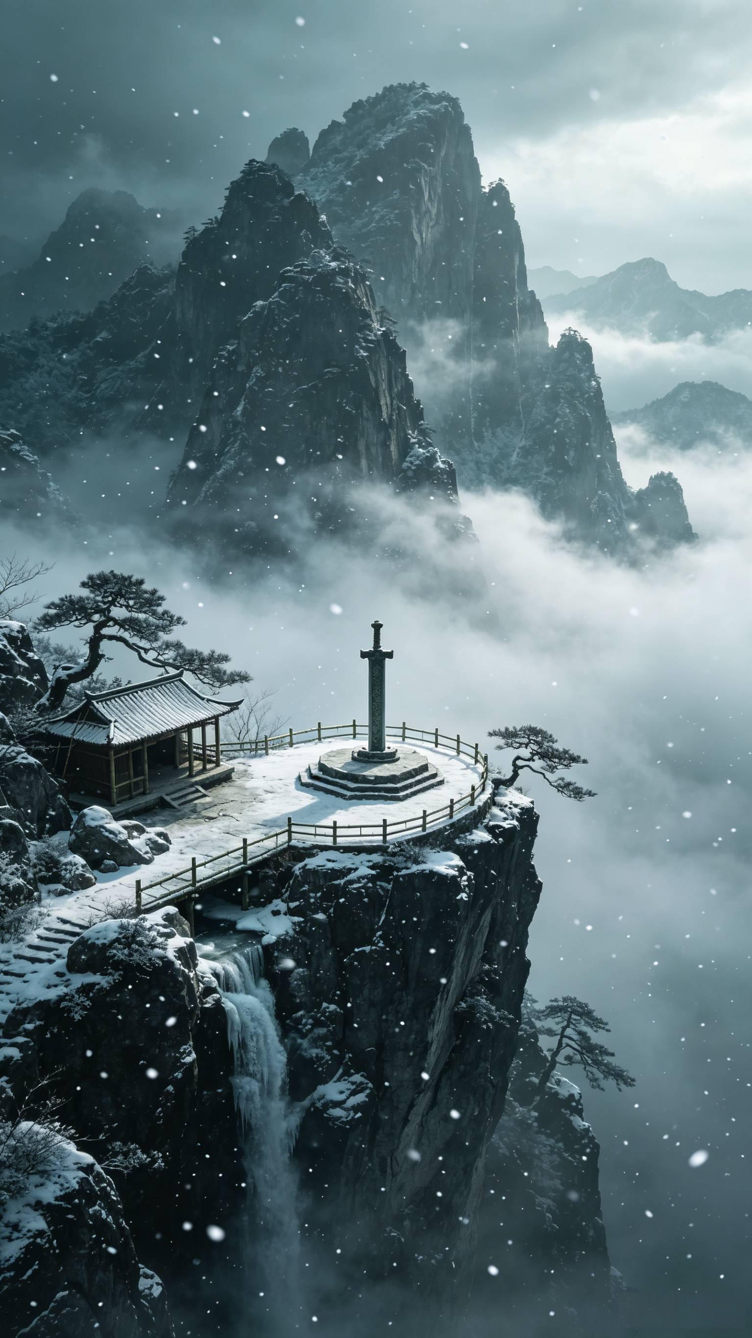寒山剑隐秘境 冰封孤峰古风仙侠场景 AI绘画提示词