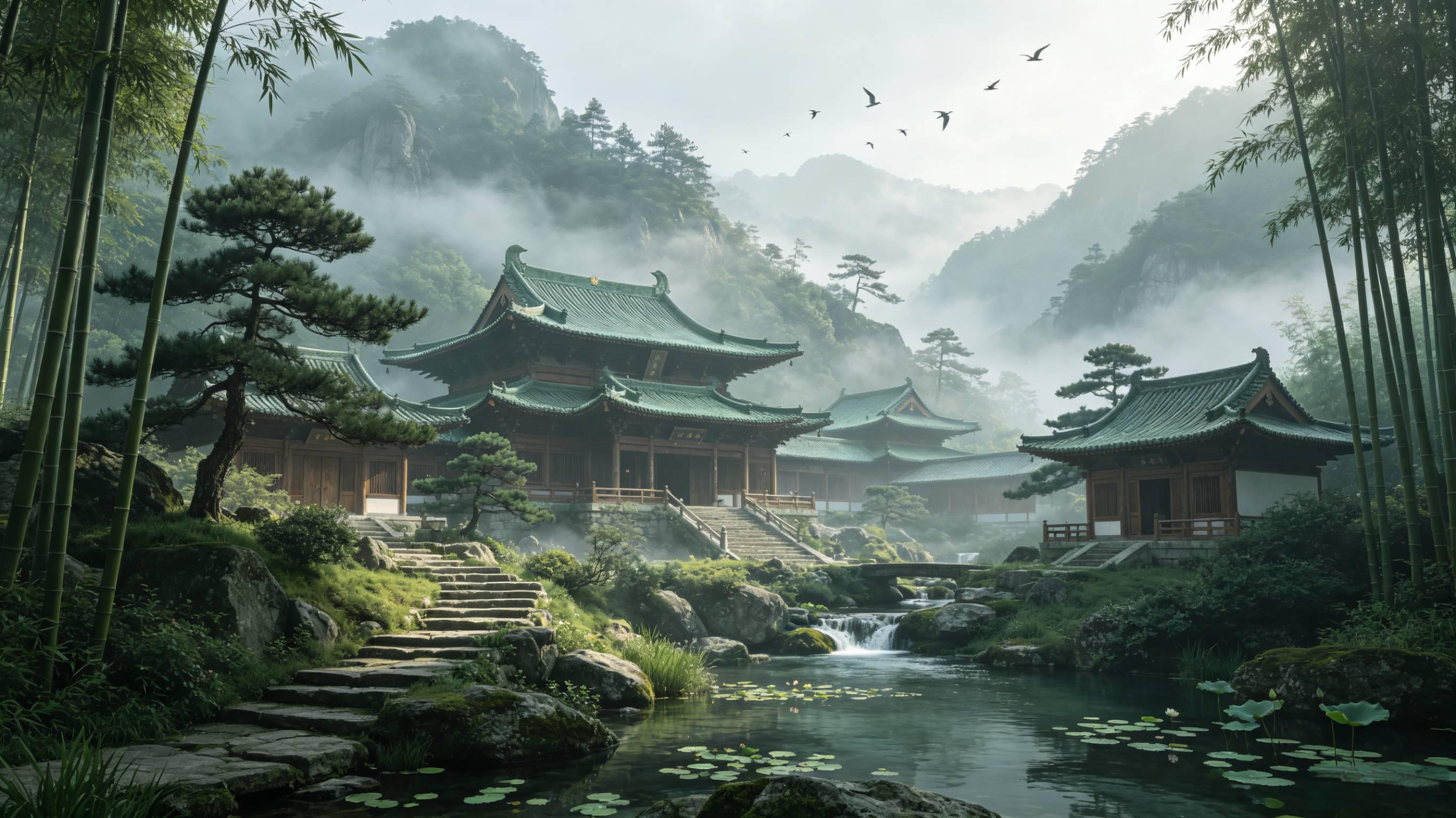 山林禅院 古寺云雾清溪 国风禅意山水 AI绘画提示词