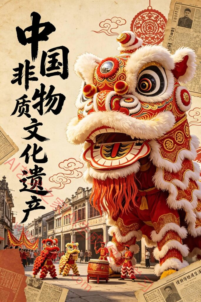 融合骑楼剪纸元素 岭南醒狮非物质文化遗产展览海报欣赏