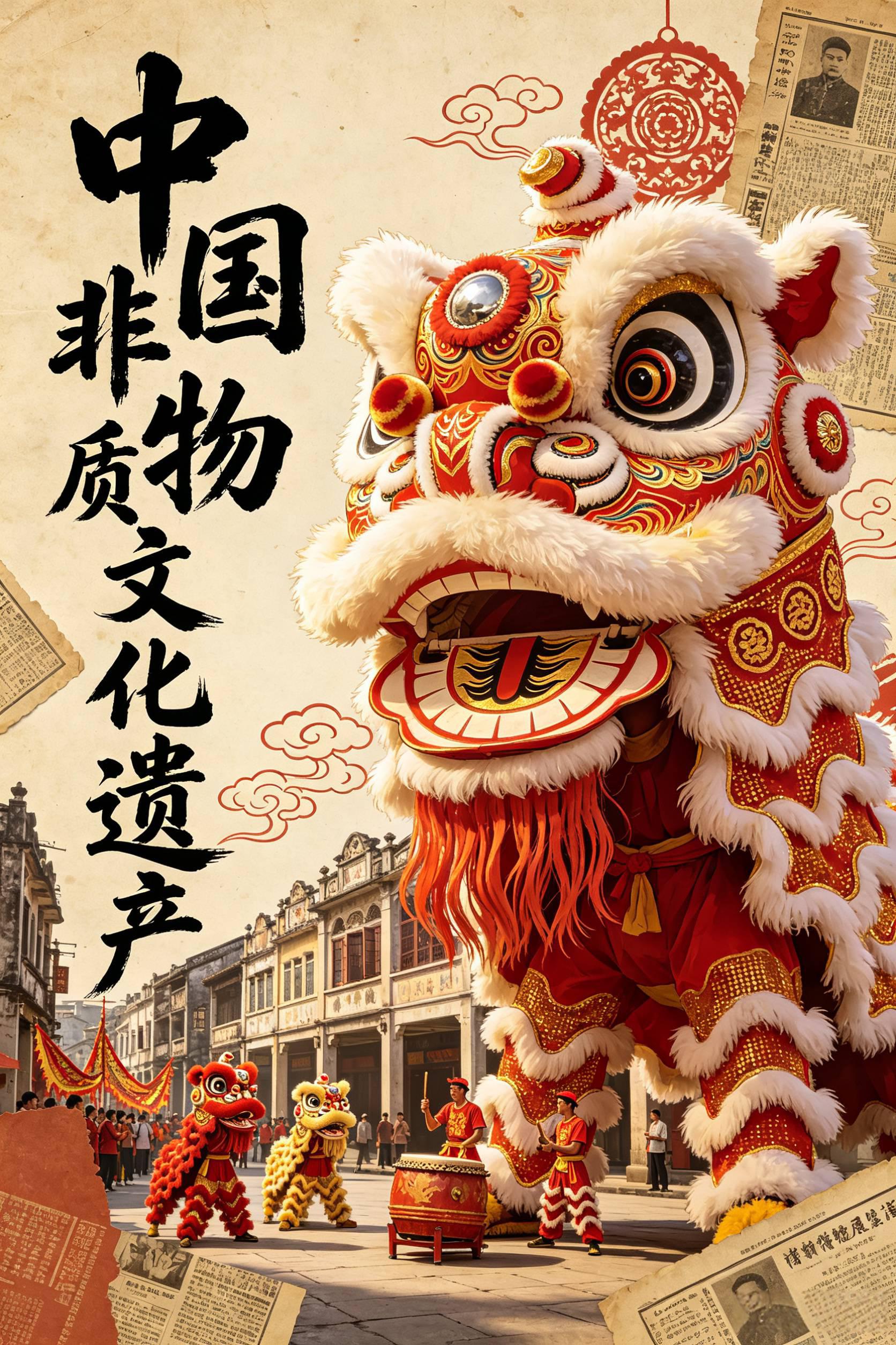 岭南醒狮非遗展览海报 AI绘画提示词