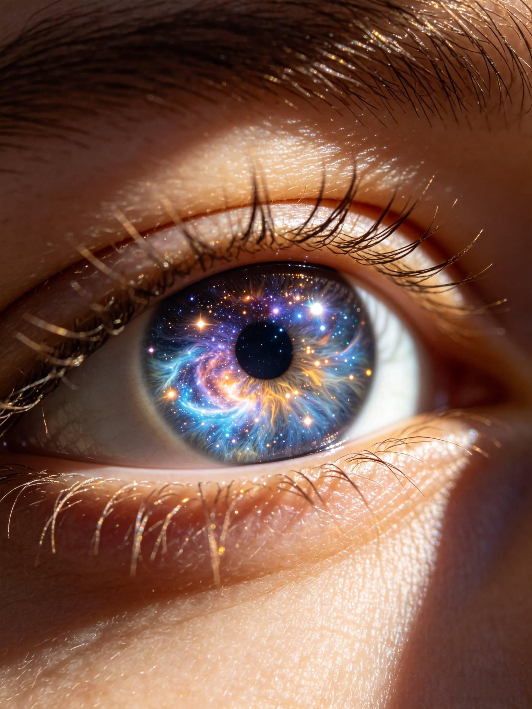 梦幻瞳孔星空特效｜宇宙虹膜微距人像8k 张瞳孔中藏着银河的人眼微距摄影图AI绘画提示词 AI绘画提示词