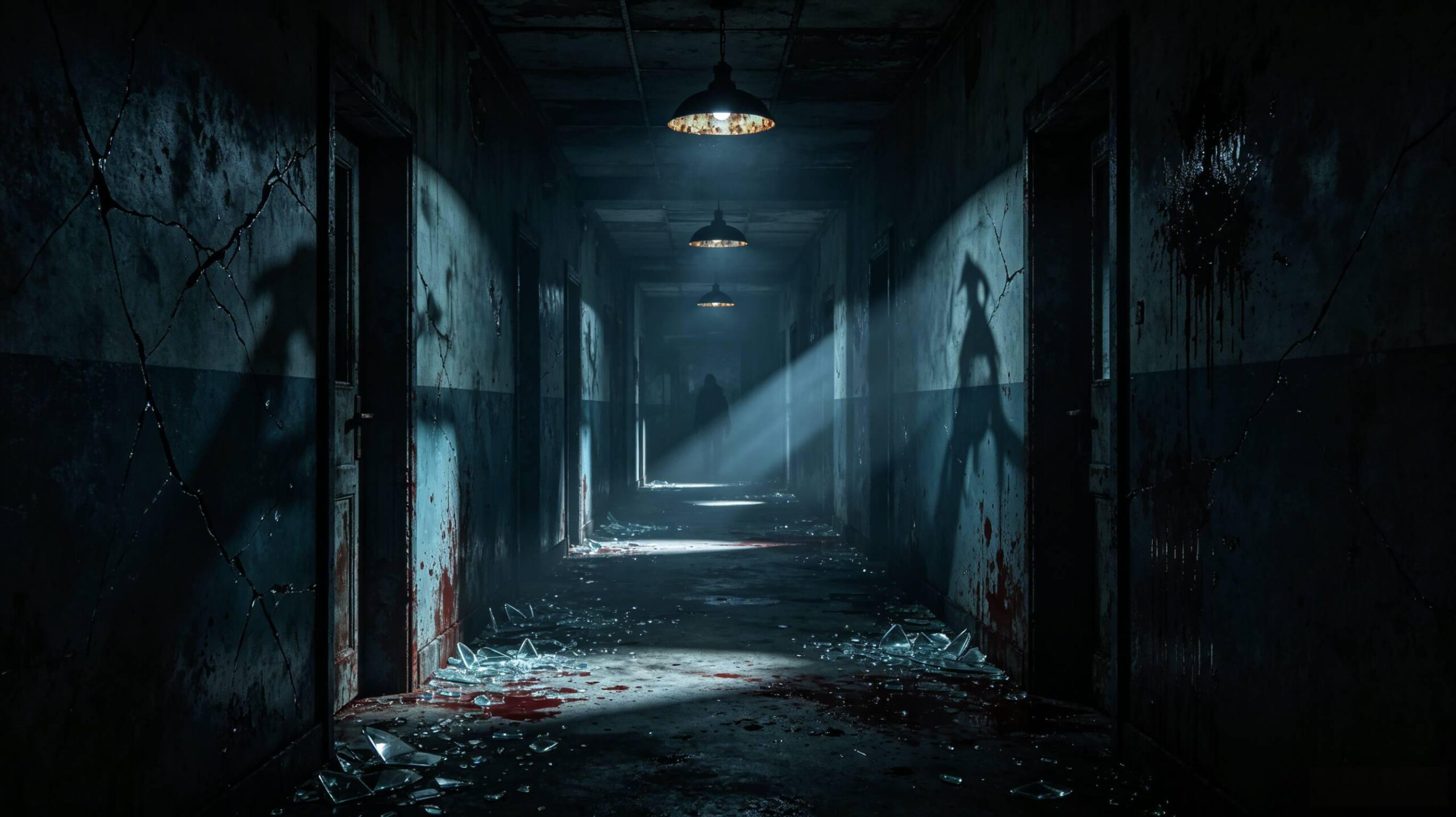 暗黑恐怖电影氛围 悬疑惊悚走廊 悬疑惊悚幽暗走廊场景 AI绘画提示词
