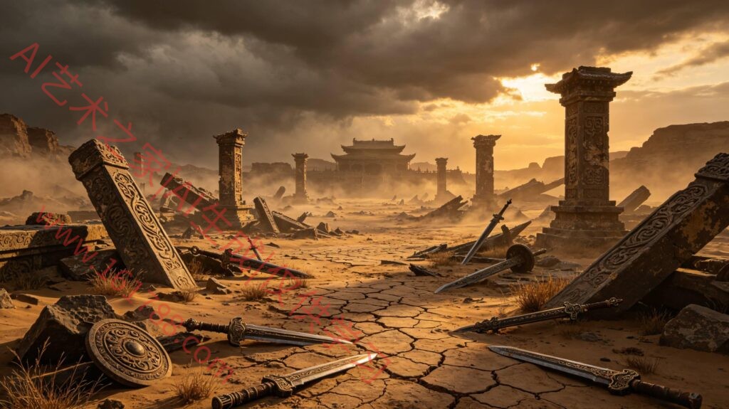 辽阔上古战场废墟 龟裂大地残破古剑仙侠场景图