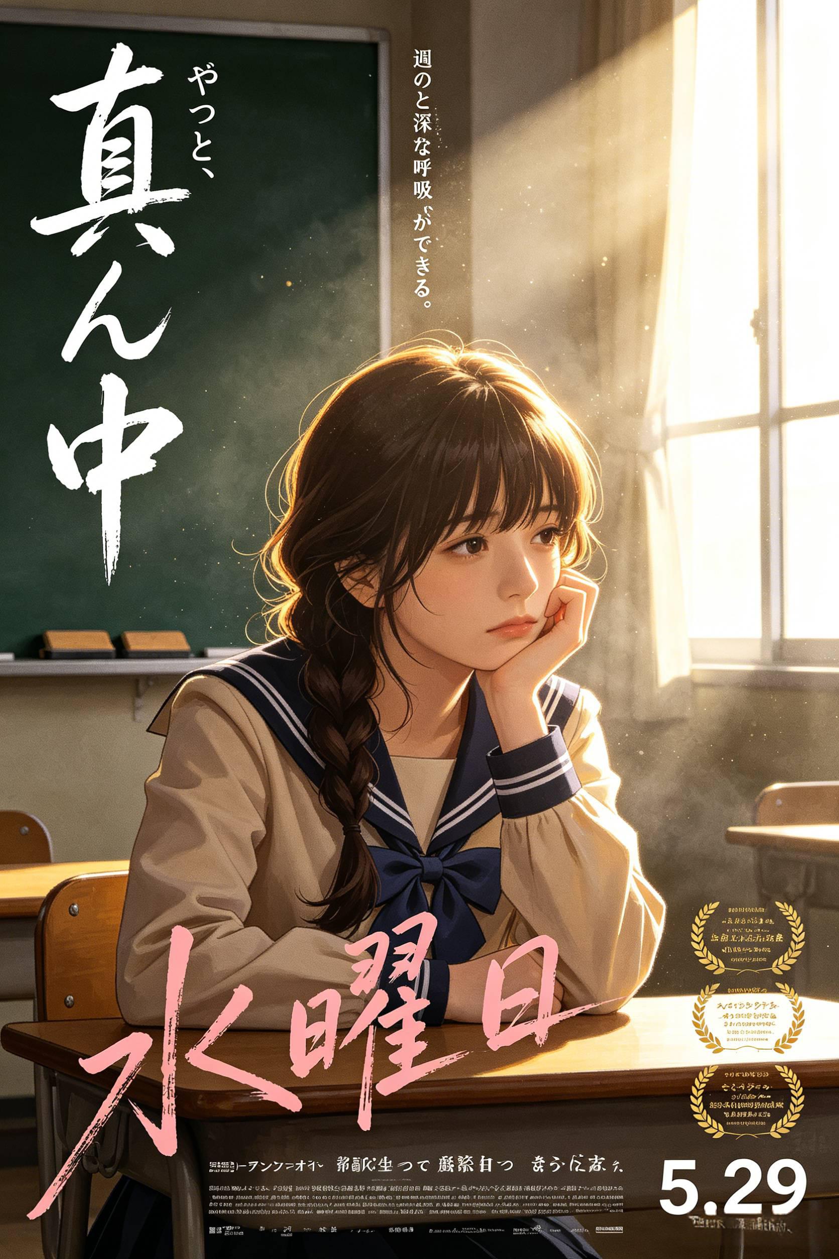 日本电影海报风动漫插画 周三教室少女 黄金时刻治愈青春垂直剧场版海报 AI绘画提示词