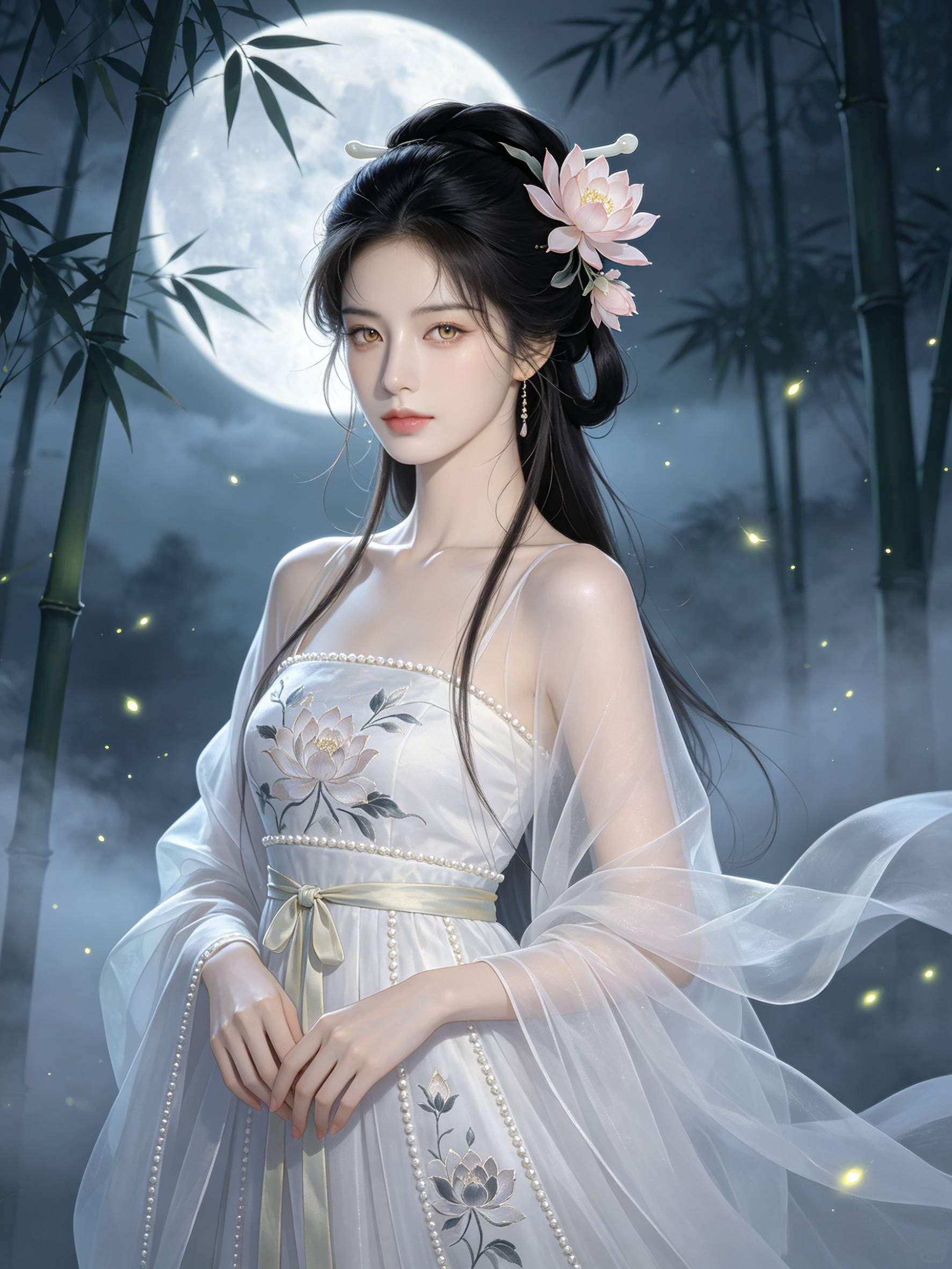月下竹林清冷古风美人 月白襦裙昙花白玉簪 高清国风 AI绘画提示词
