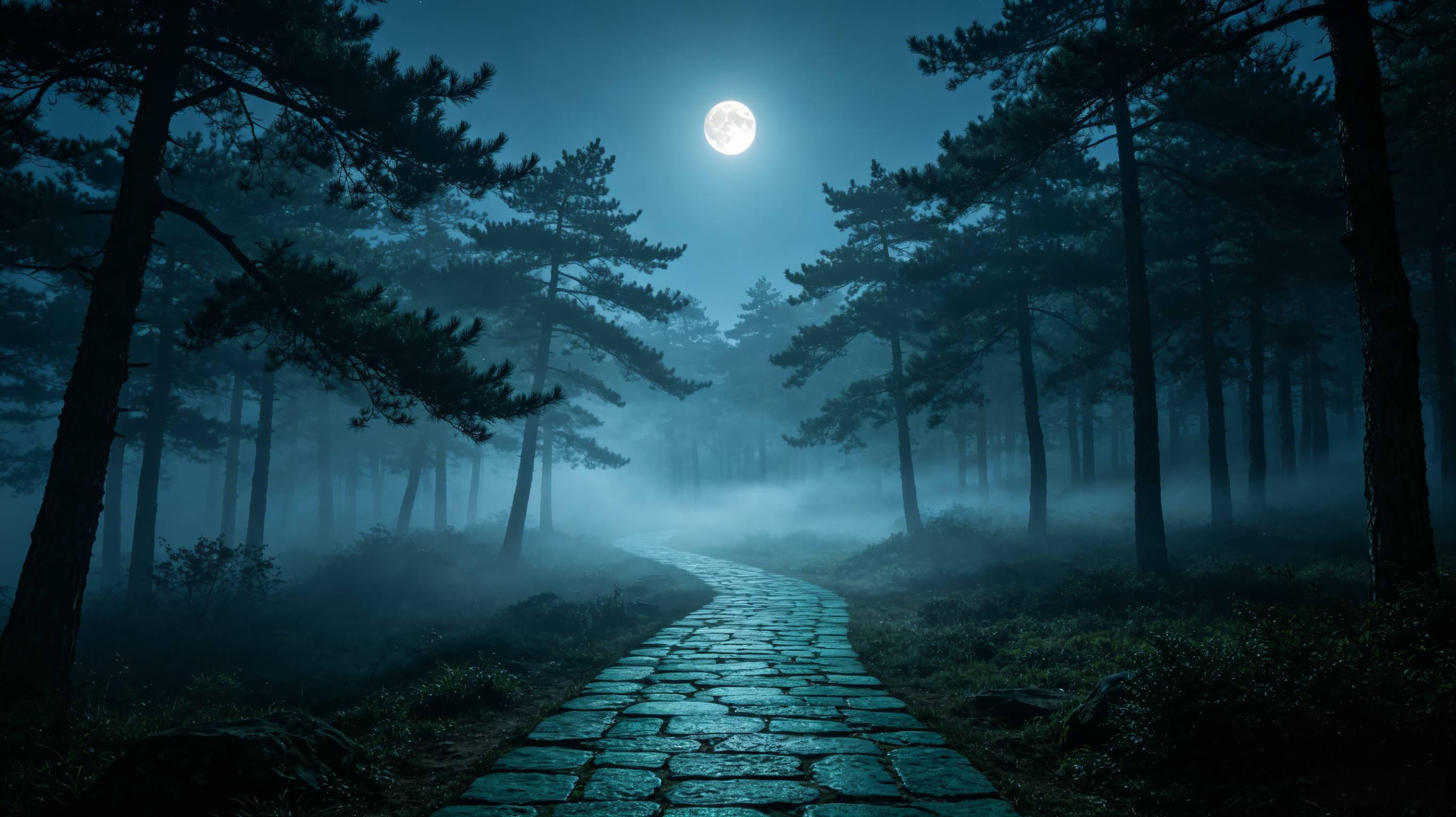 月夜禅林 皓月松林薄雾 国风夜景禅意场景 AI绘画提示词