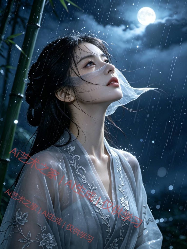 高清3D次时代汉服少女_雨夜竹林仙气古风AI绘画提示词
