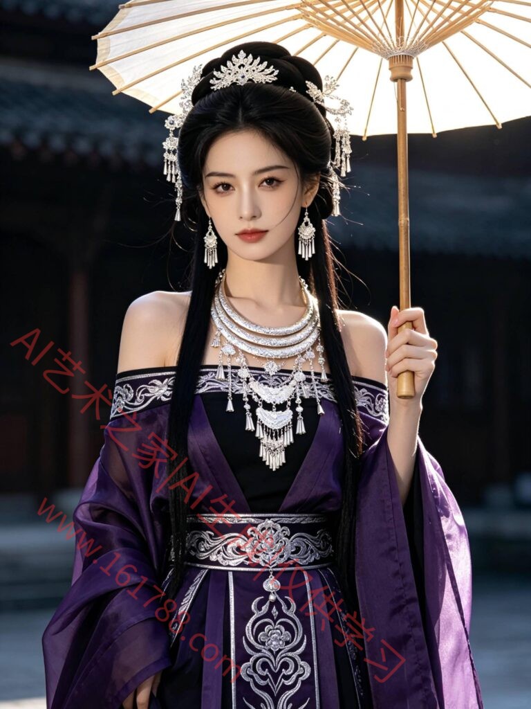 古风汉服美人 深紫色齐胸襦裙配油纸伞 古典东方人像