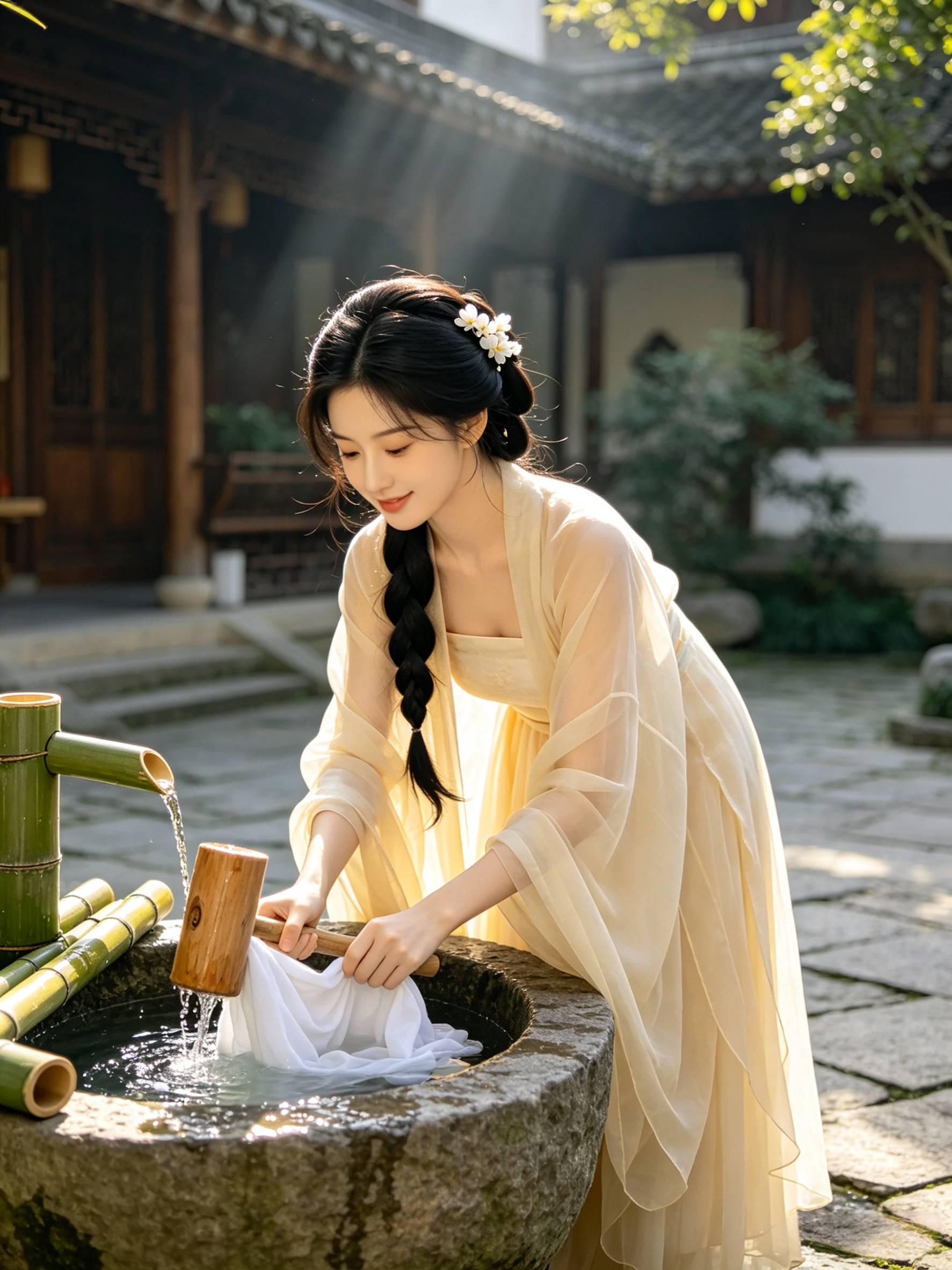 写实古风少女 中式庭院洗衣 唯美国风高清 AI绘画提示词
