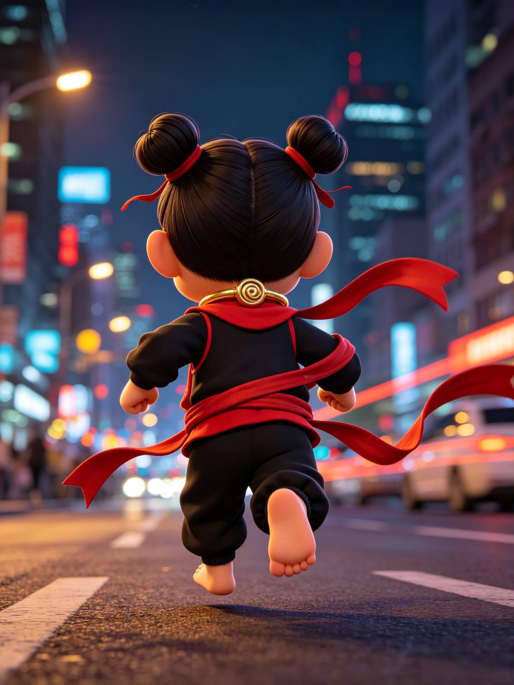 皮克斯3D Q版神话男孩 背部全身 夜晚城市奔跑 AI绘画提示词