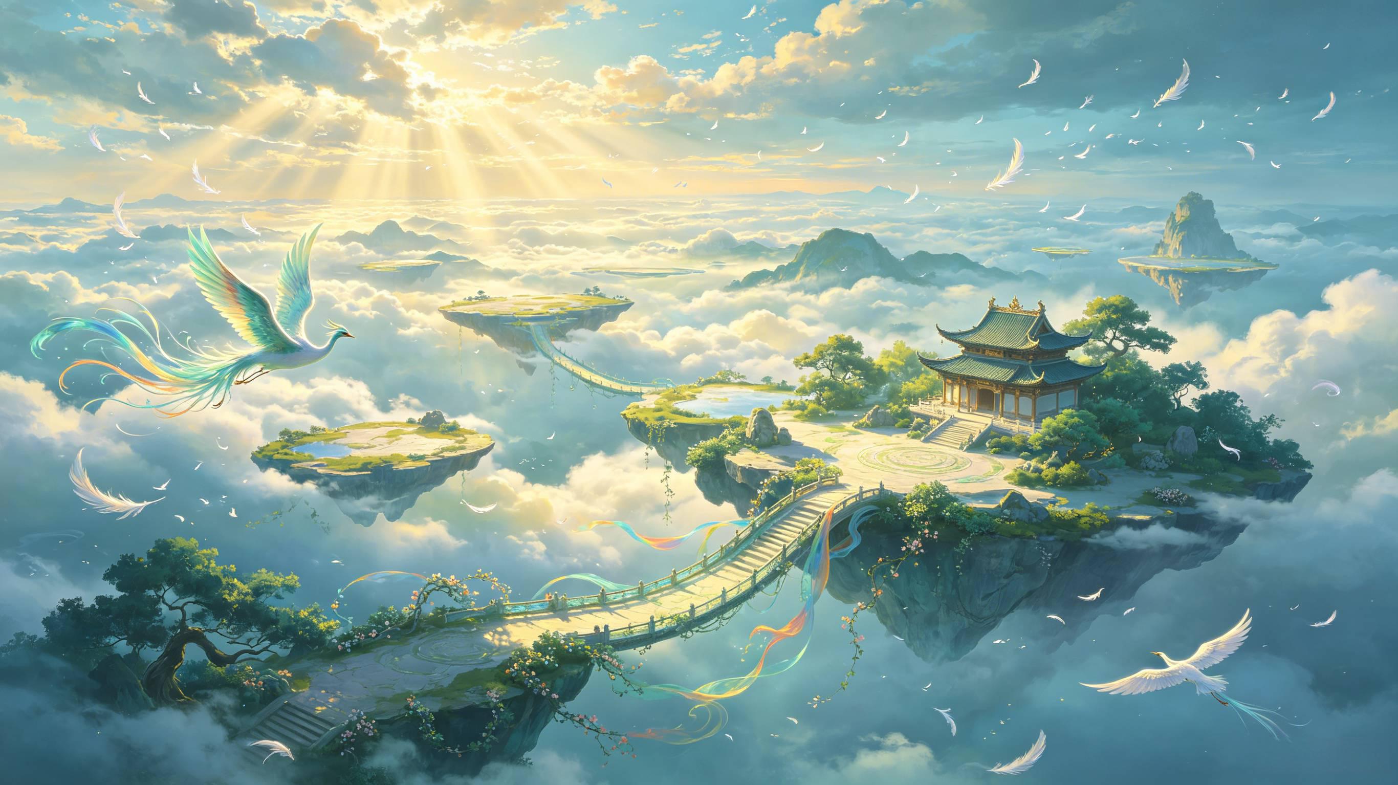 碧落仙宗云海浮空仙岛 七彩云桥灵鹤青鸾 国风仙境 AI绘画提示词
