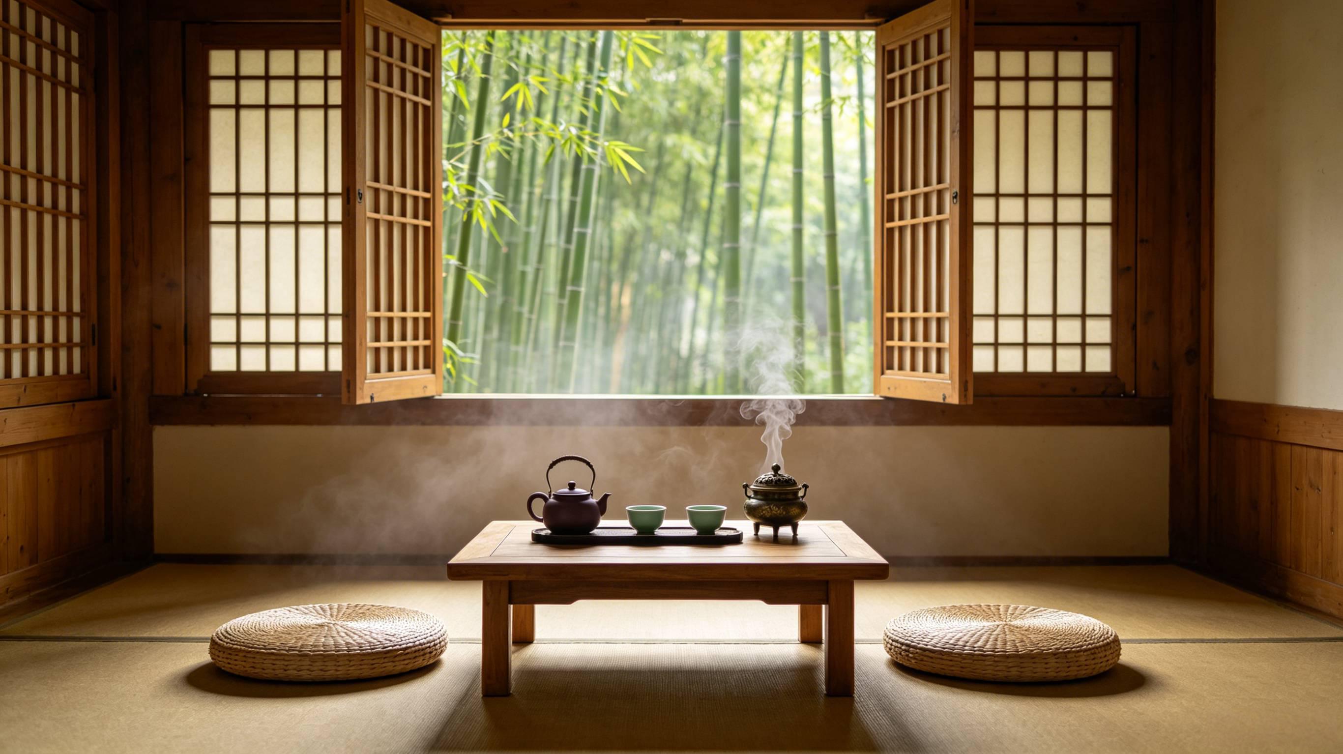 禅意茶舍 原木茶具青竹窗景 中式素雅室内 AI绘画提示词