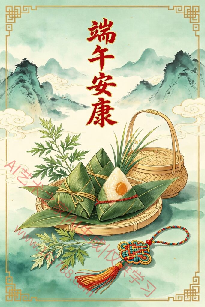 国风工笔端午节海报 水墨山水端午安康设计图