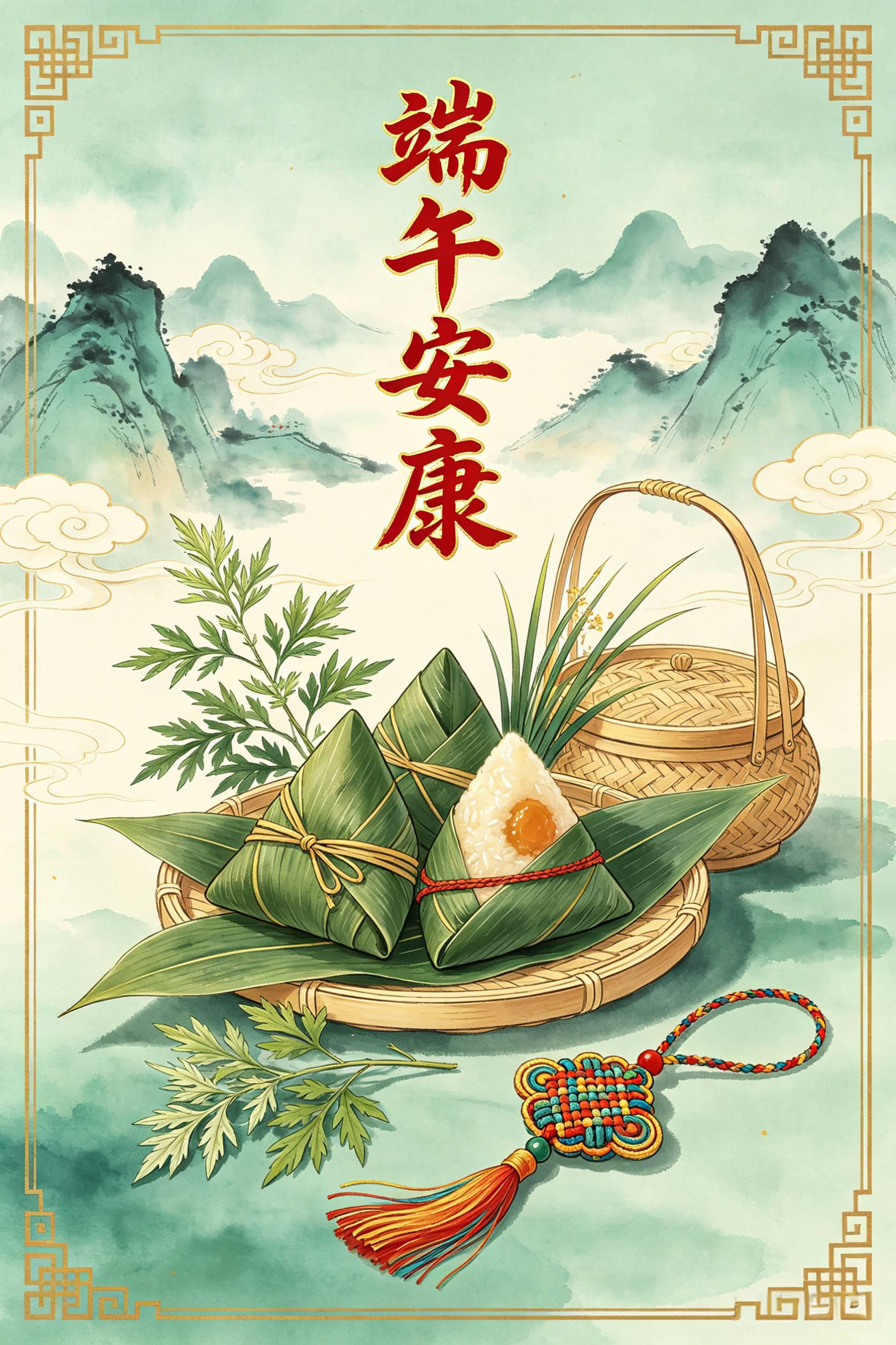 端午节国风节日海报 新中式工笔水墨 青绿雅致端午安康 AI绘画提示词