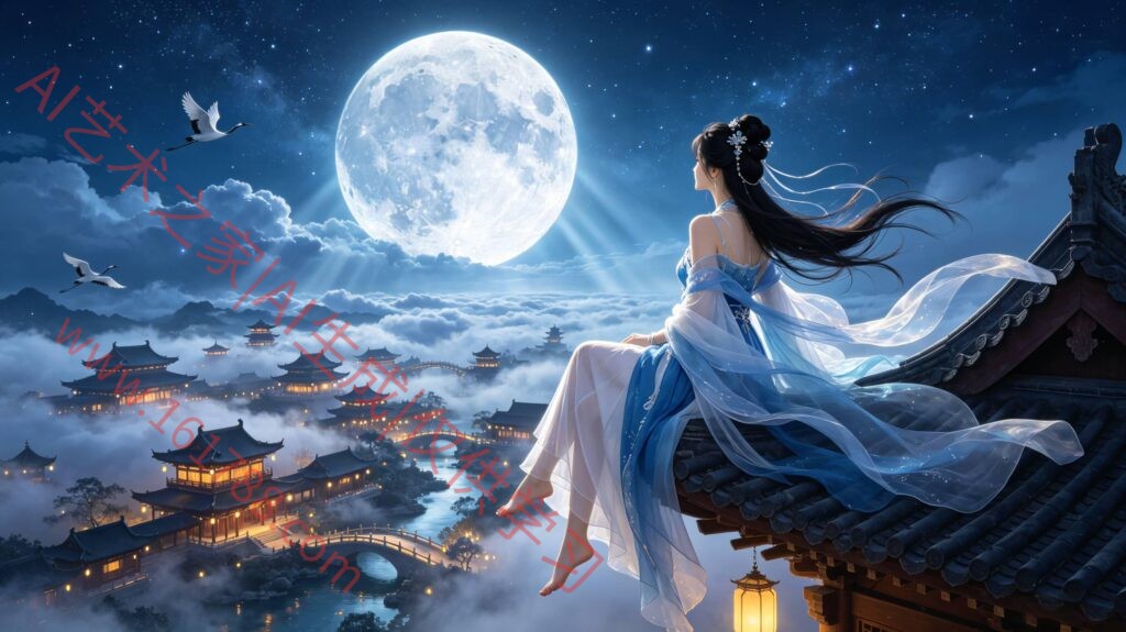 飞檐仙侠女子 蓝调月夜全景