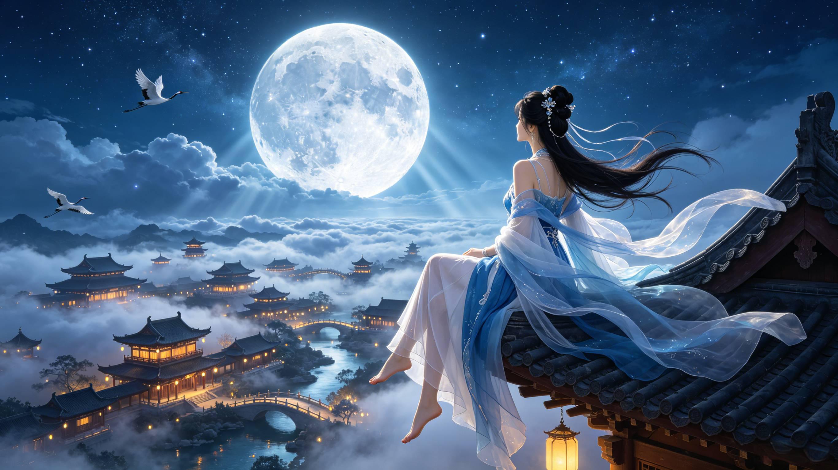 背身仙侠女子坐古建筑飞檐 蓝调月夜云海宫殿 国风写实CG AI绘画提示词