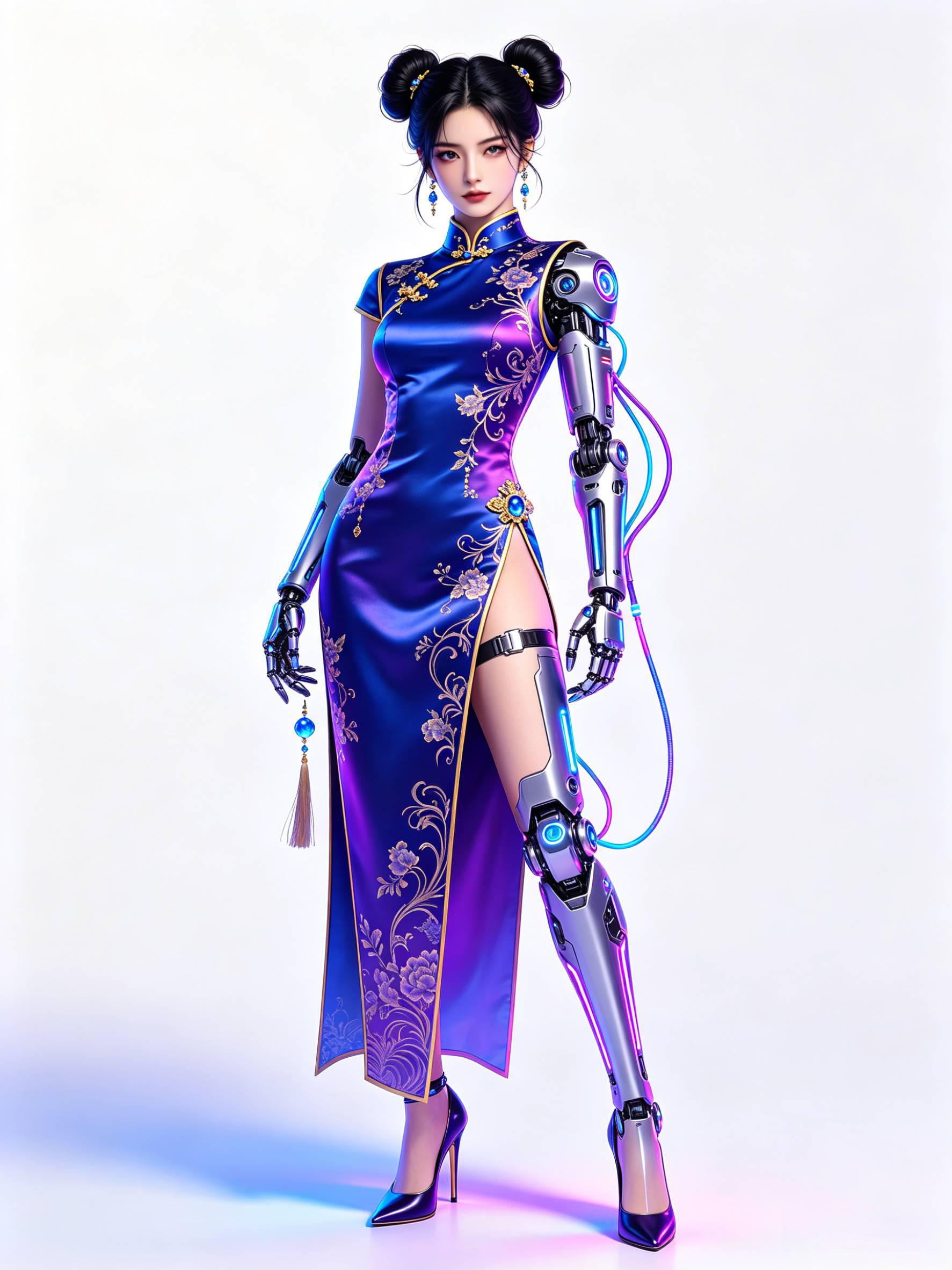 赛博国风机械少女 CG全身立绘 双丸子头蓝紫霓虹旗袍 AI绘画提示词