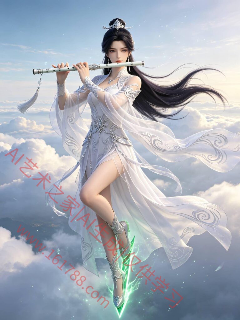 古风仙侠3D女剑仙形象 墨发白衣持玉笛 云海天宫仙气原画