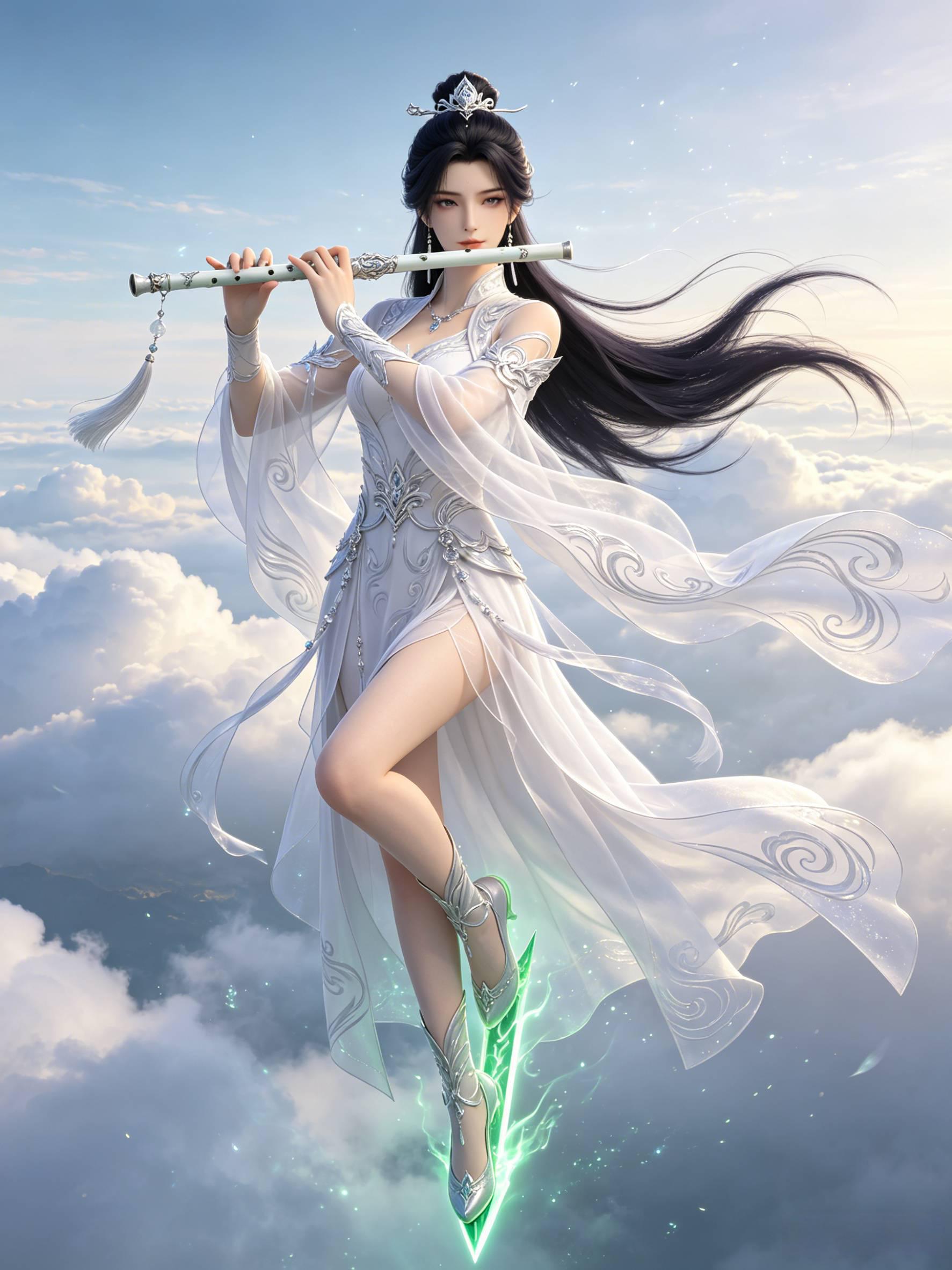 3D 古风仙侠女剑仙 白衣轻纱踏飞剑 天宫云海唯美角色图 AI绘画提示词