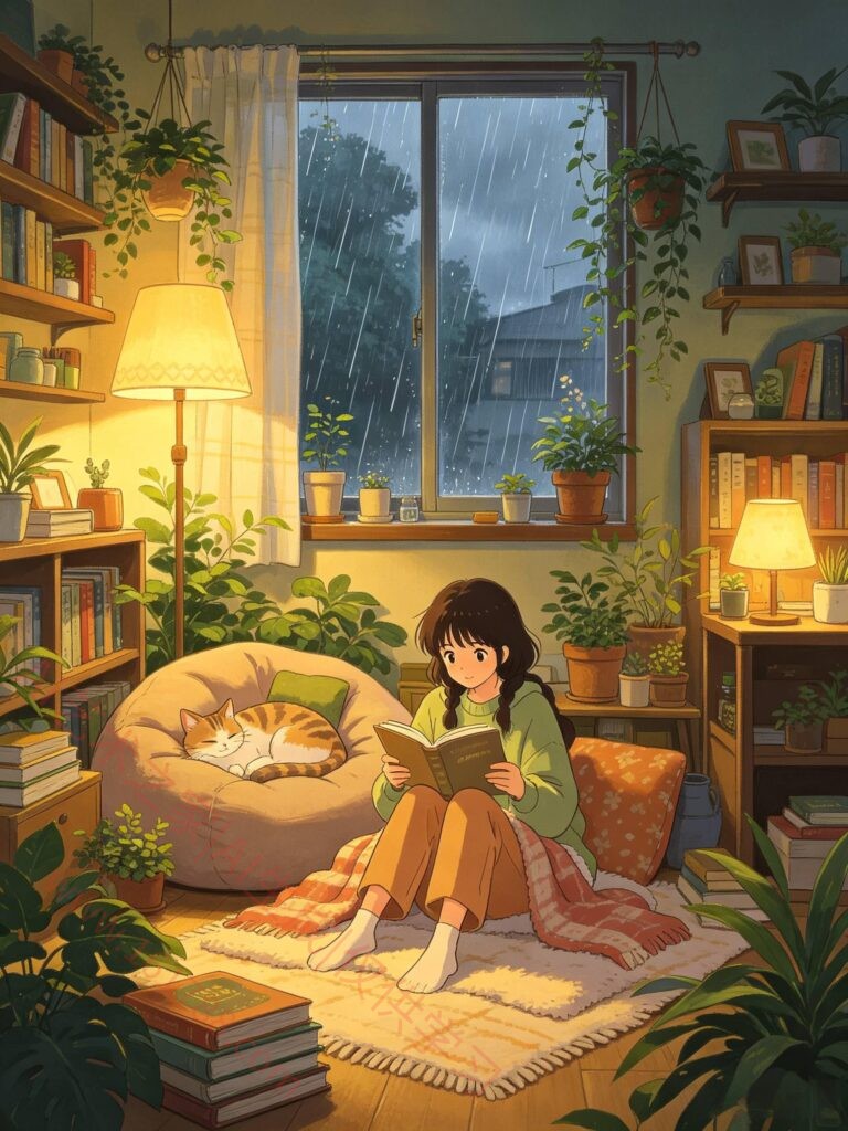 宫崎骏漫画风格AI绘画提示词 治愈系雨天小窝生活插画