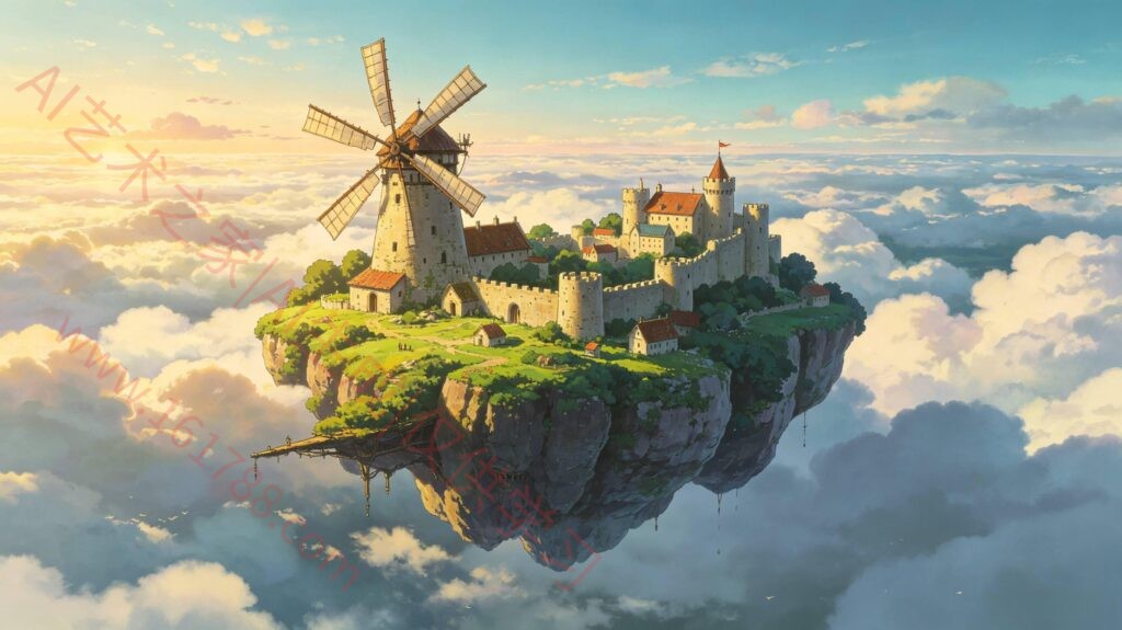 吉卜力风格空中岛屿 宫崎骏动漫电影场景