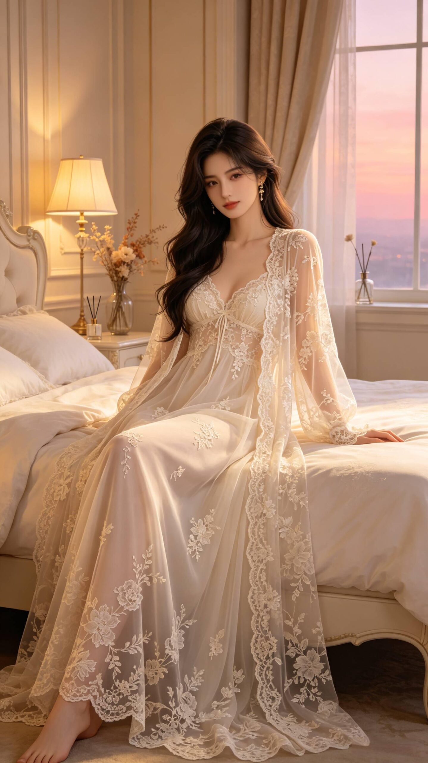 轻奢法式蕾丝睡衣美人绘画提示词 居家写实人像CG作图关键词 蕾丝睡衣美女AI绘画提示词 法式居家温柔人像效果图 AI绘画提示词